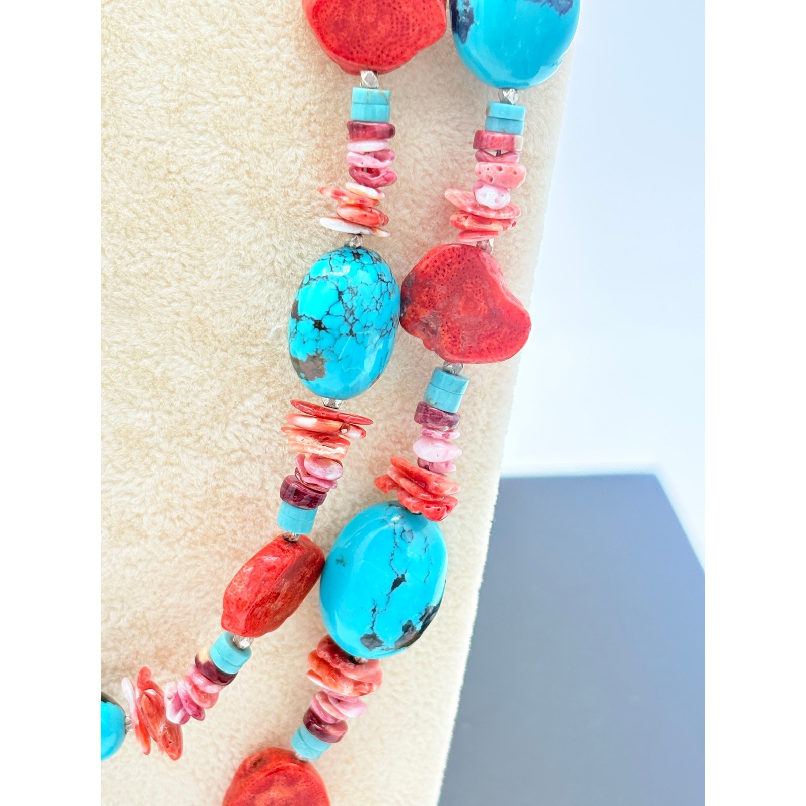 Turquoise & Sponge Coral Necklace, Double Strand, 925 Clasp, 1990s–2000s