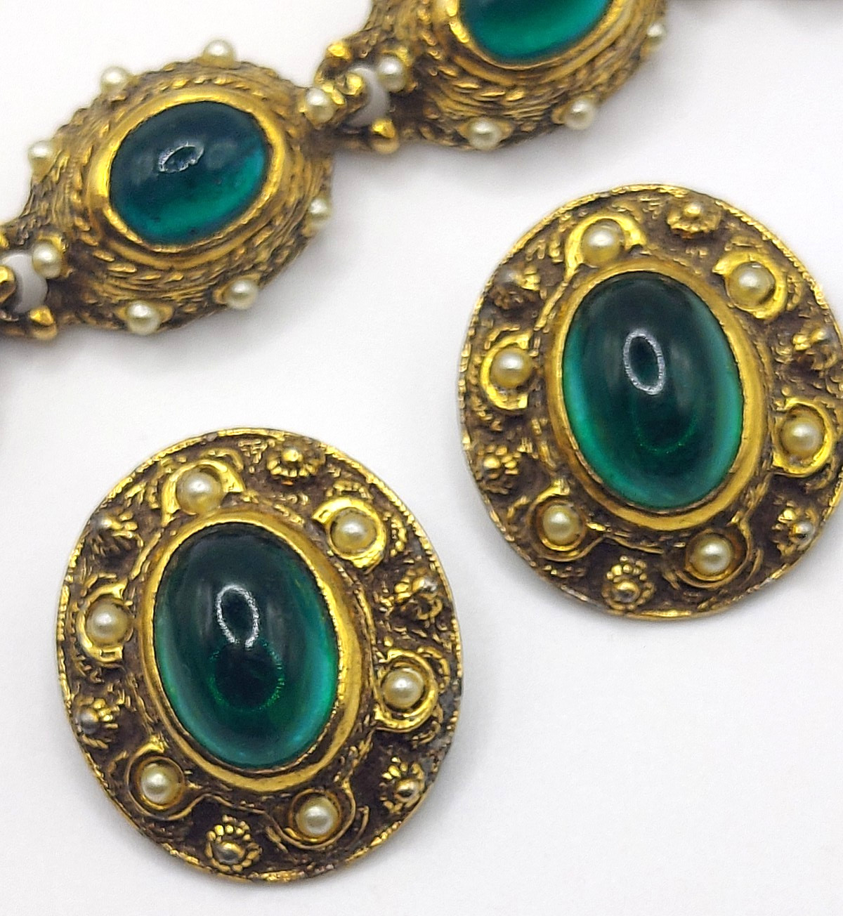 Benedikt NY Etruscan Revival Green Cabochon & Seed Pearl Bracelet & Necklace