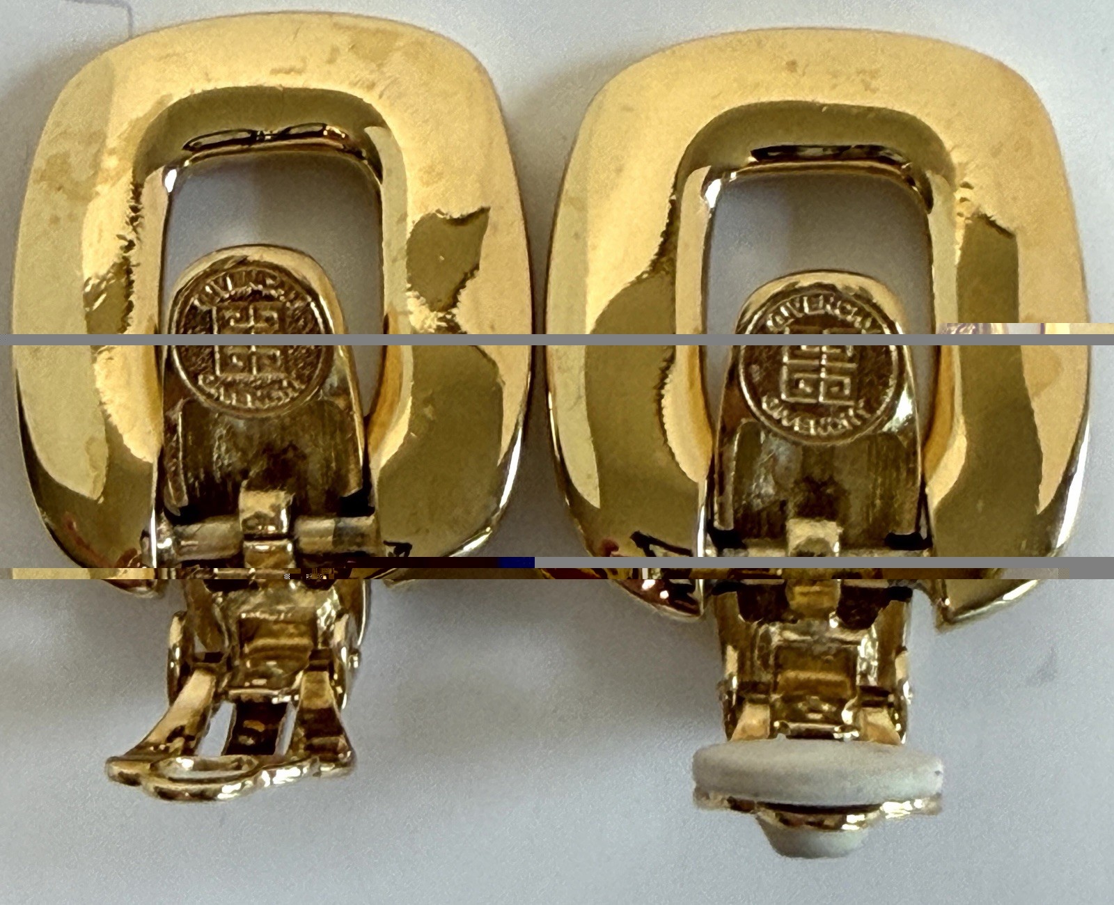 Vintage Givenchy Clip Earrings Dangle Hoop Heavy Gold Tone Chunky Signed