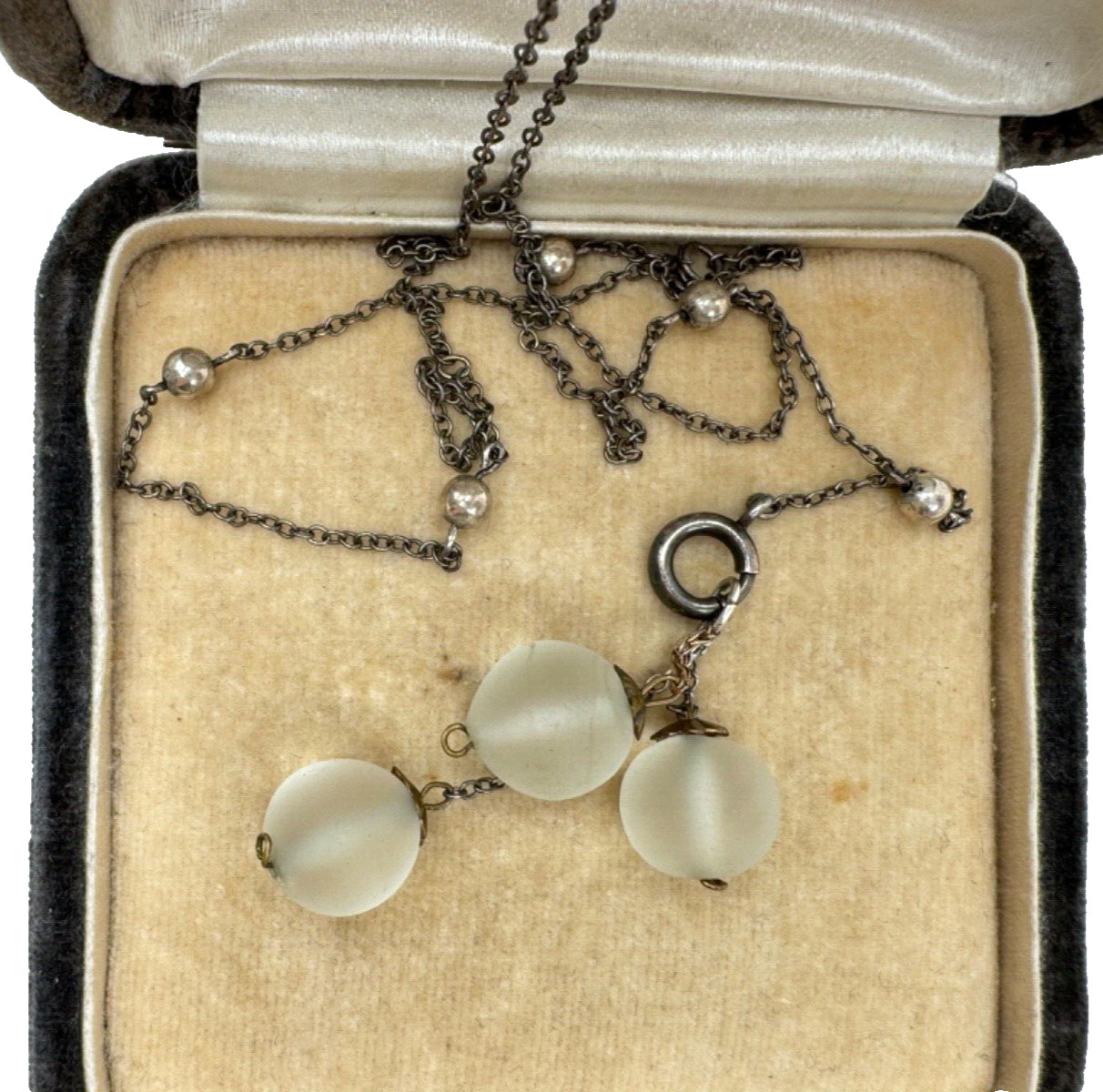 ANTIQUE EDWARDIAN OPALESCENT GLASS 3 ORBS DANGLES PENDANT STERLING SLVR NECKLACE