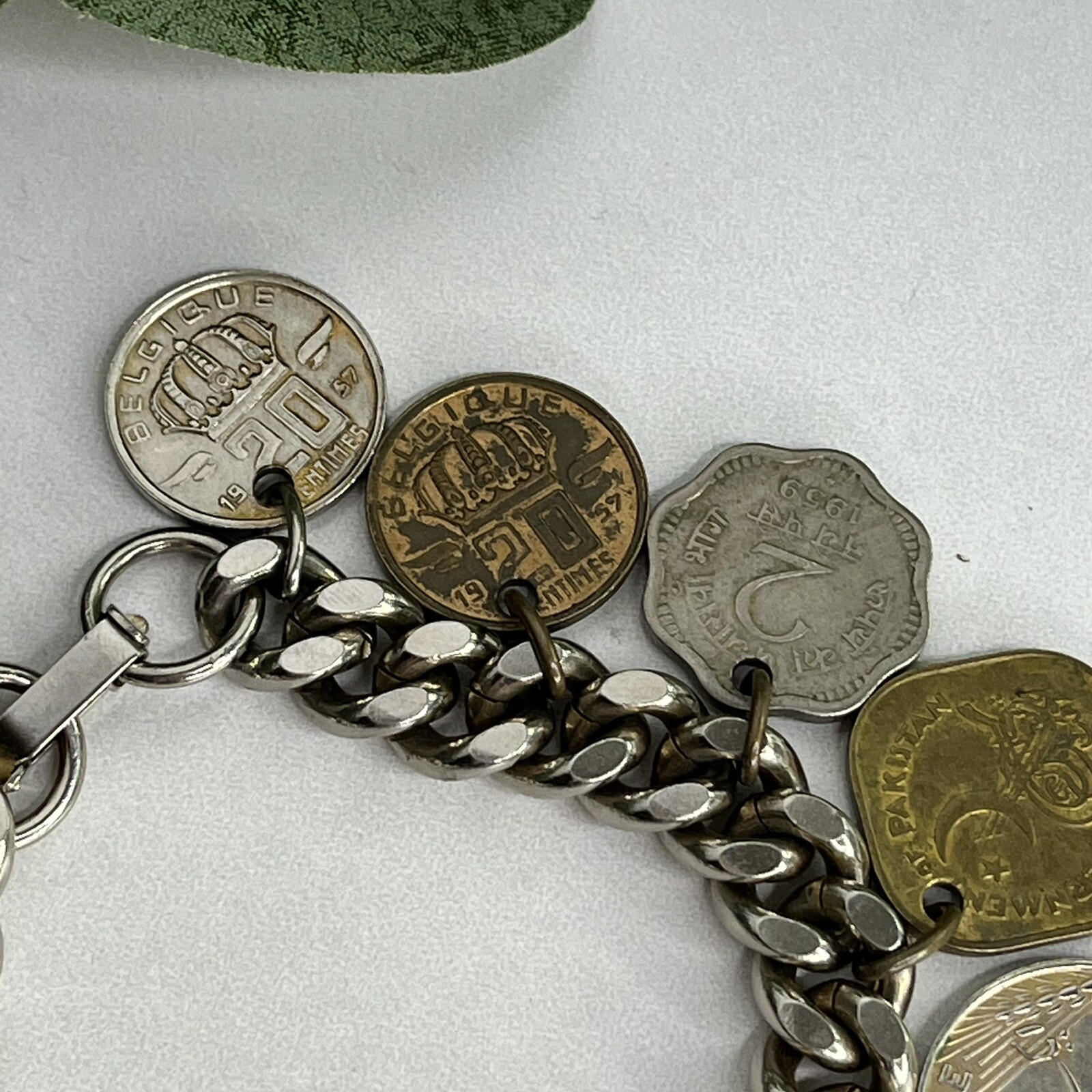 Vintage 13 Coin Charm Bracelet Belgium, India, Pakistan 1957 1959 1955 7”
