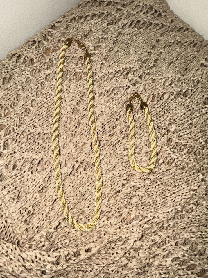 Vintage Gold Tone and Faux Pearl Twisted Rope Chain Necklace and Bracelet Set