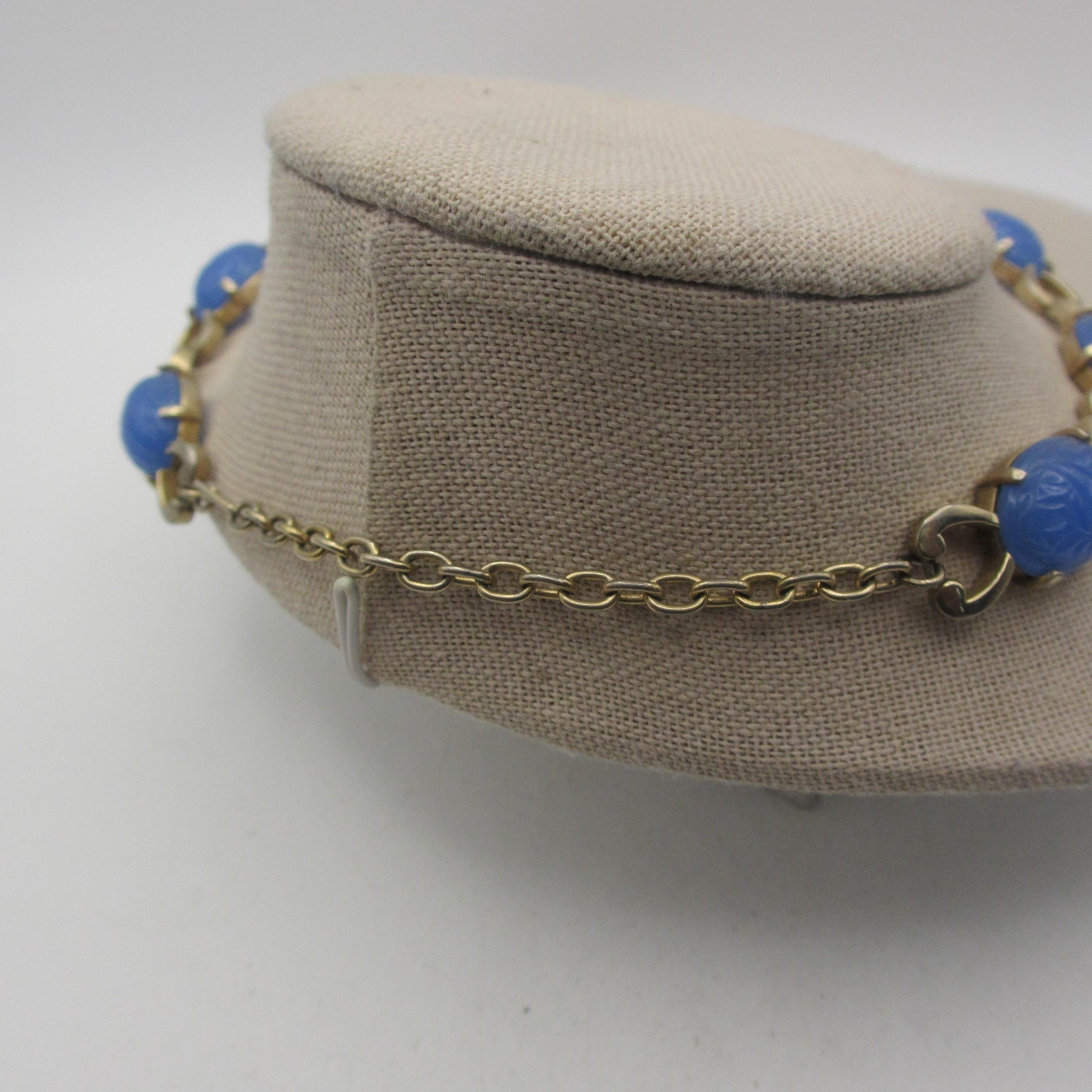 Vintage Scarab Necklace Egyptian Revival Blue Glass Gold Tone Choker 15 Inch