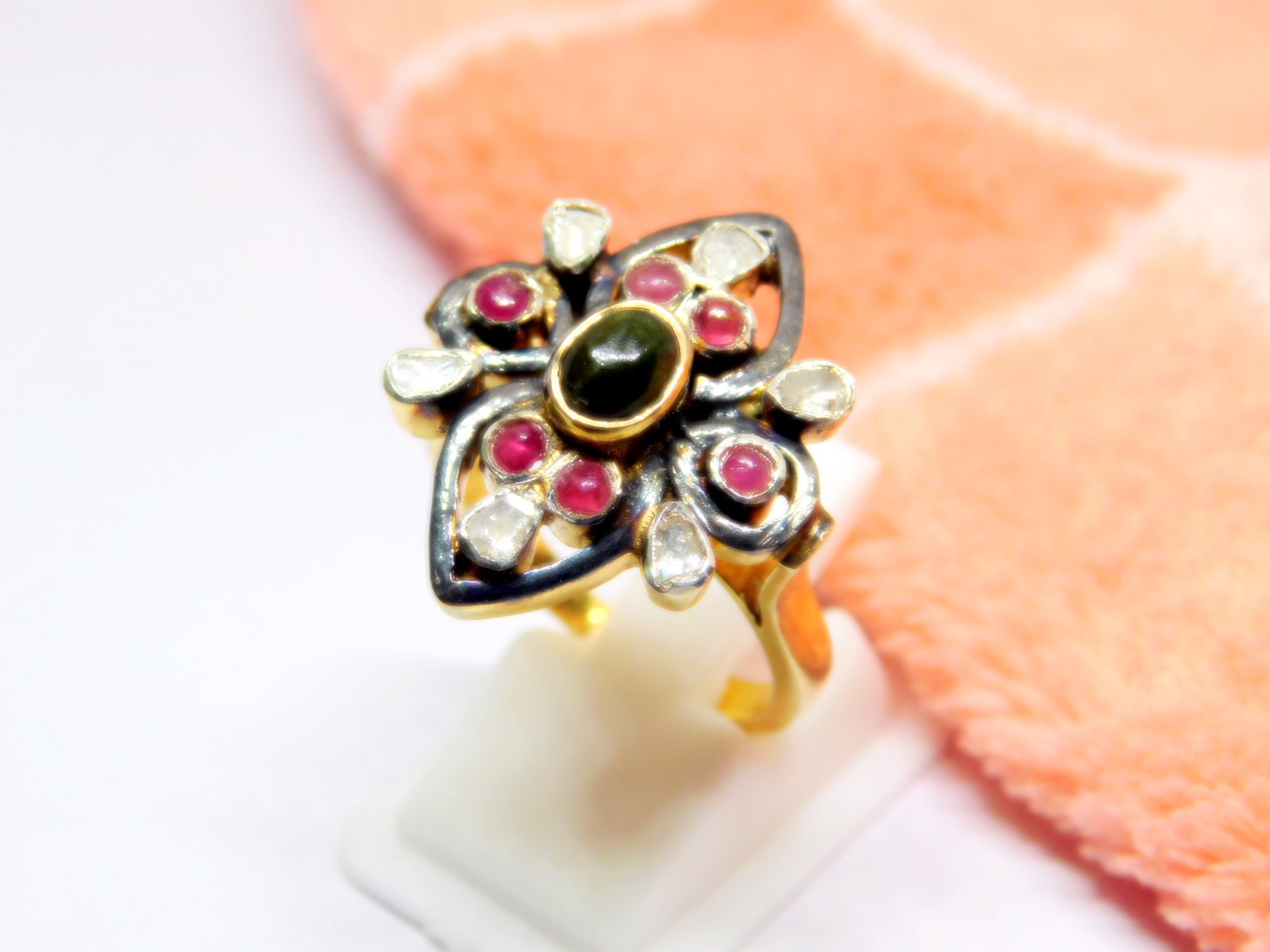 Natural Tourmaline Diamond Polki Ring, 925 Sterling Silver Victorian Jewelry