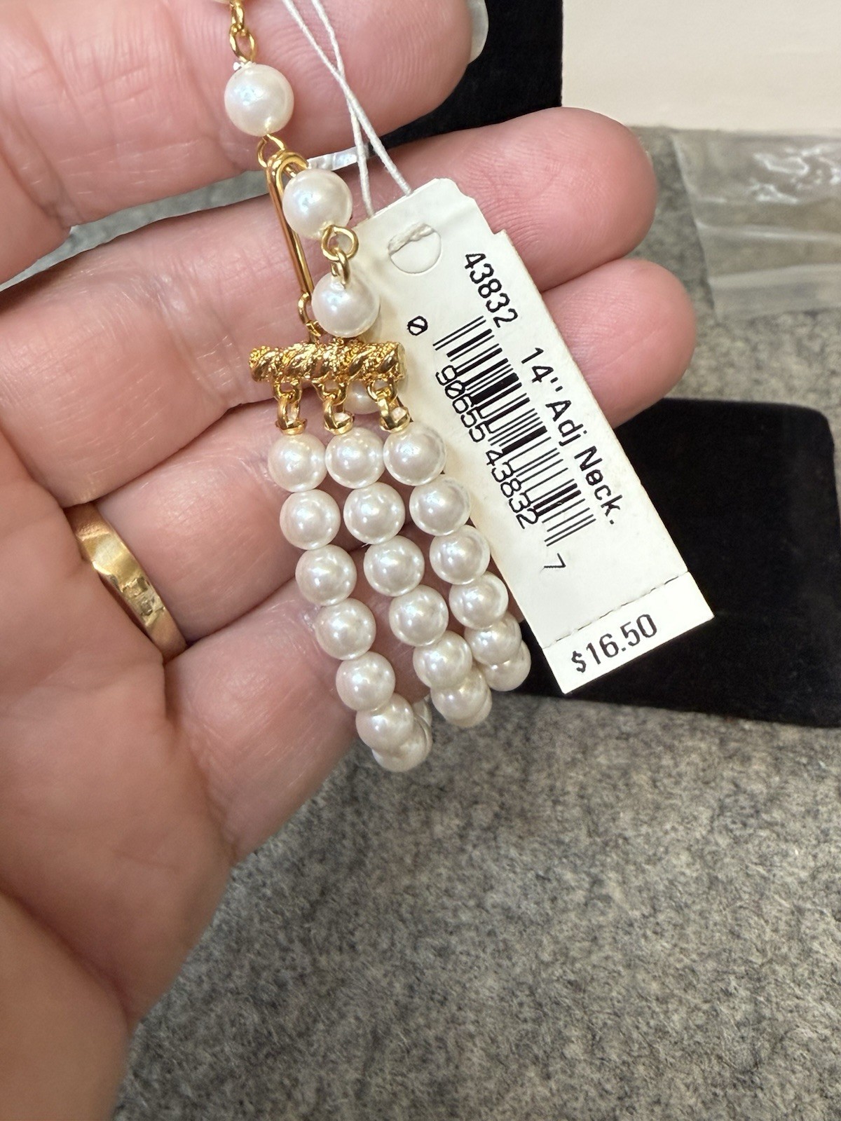 Pearlessence Trifari Triple Strand Faux Pearl 6mm Choker Necklace 14” Adj.