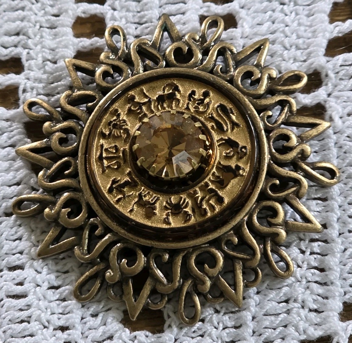 Vintage Kirks Folly Zodiac Brooch with Rhinestone Center Has All Zodiac Signs