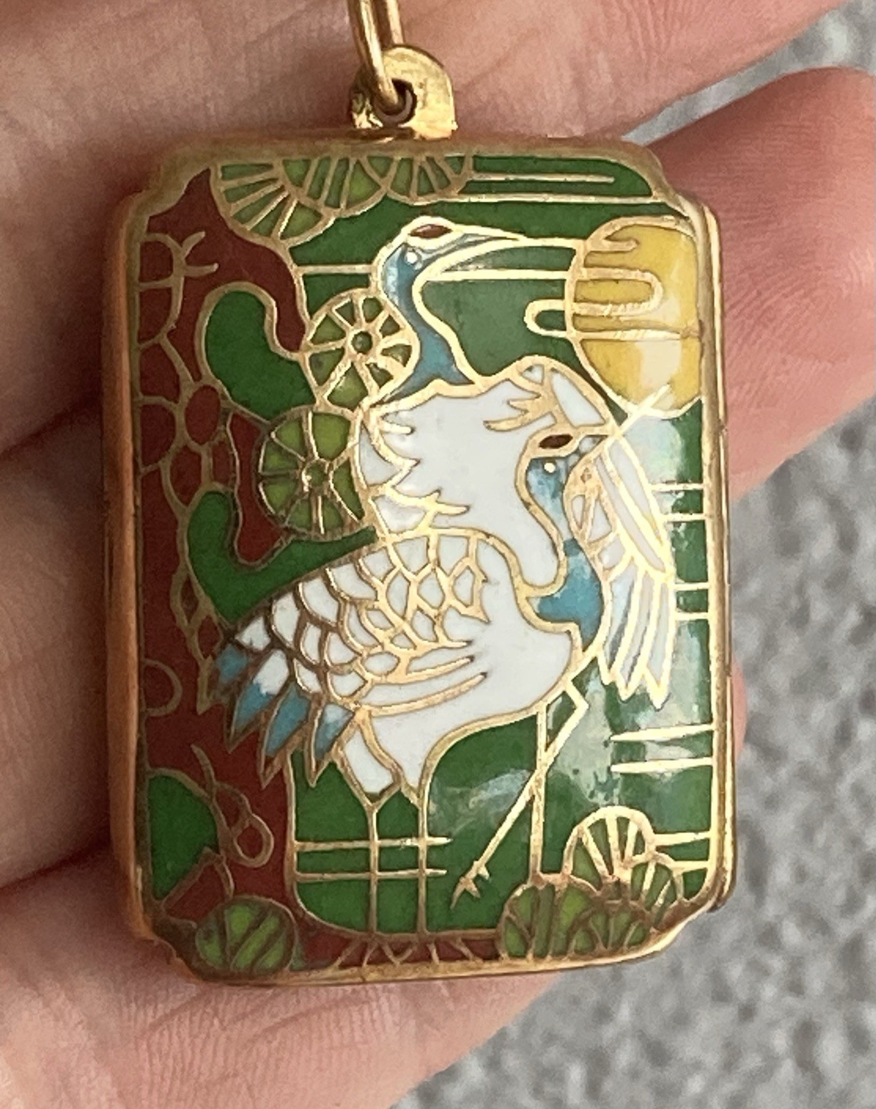vintage cloisonne Locket Pendant trinket container necklace Stork Charm Heavy