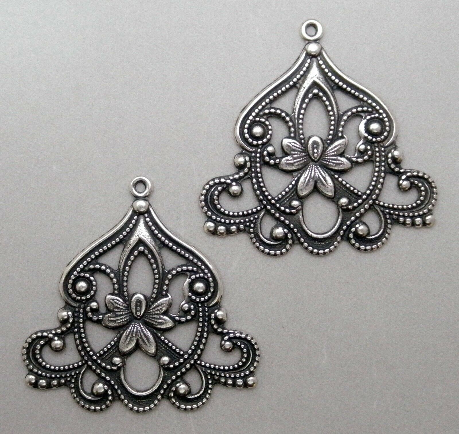 #0161 LARGE ANTIQUED STERLING SILVER PLATED FILIGREE W/TOP HANG RING – 2 Pc Lot