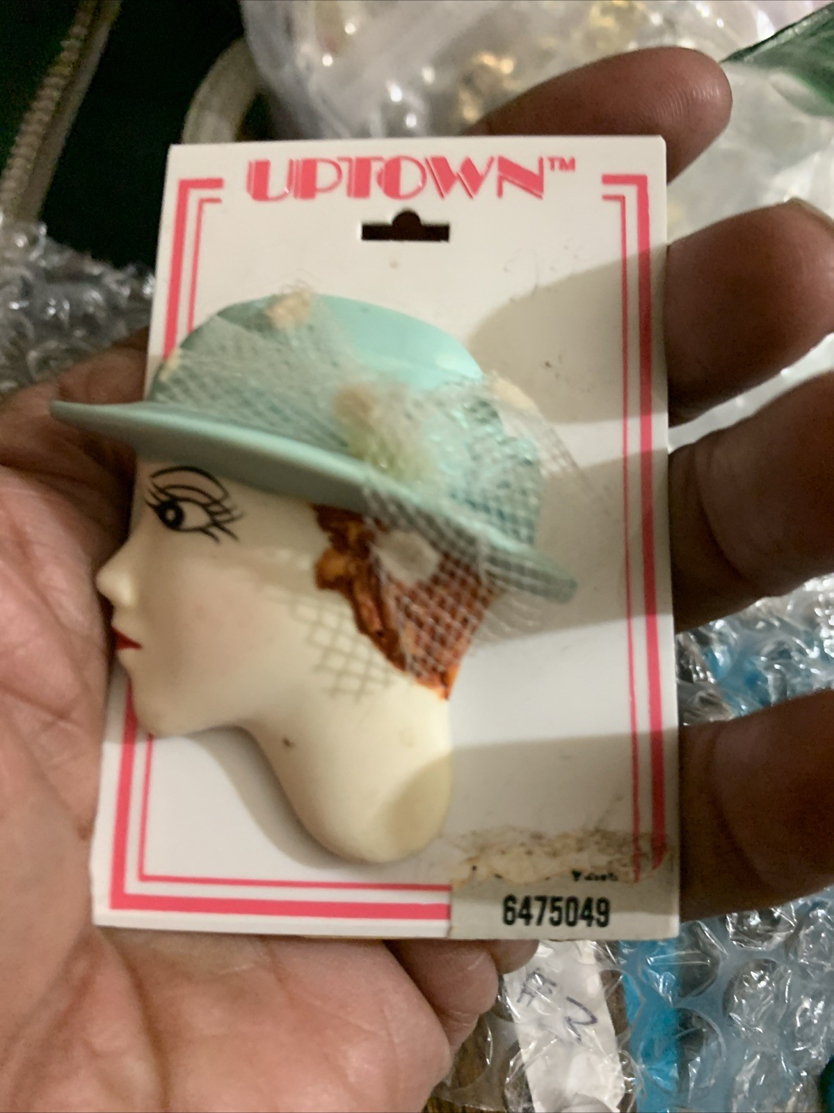 Fancy Light Blue Hat With Netting Lady Brooch