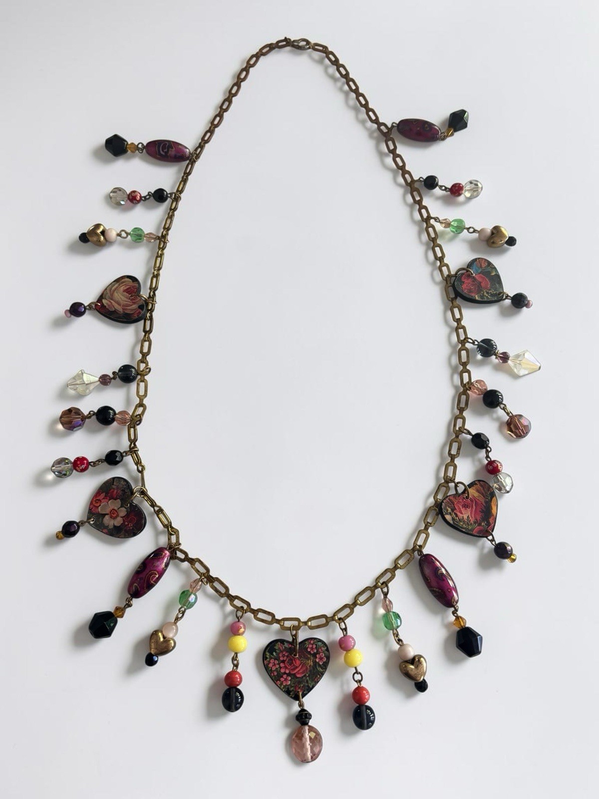 Vintage Artisan Charm Necklace Floral Hearts Crystal Beads Boho 30-32.5”