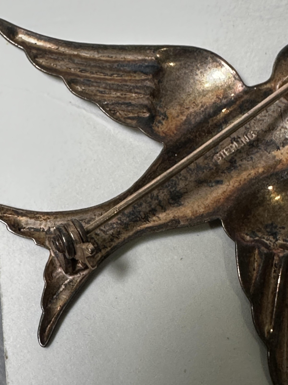 Vintage Sterling Silver Flying Swallow Bird Brooch Pin Red Glass Rhinestone Eye