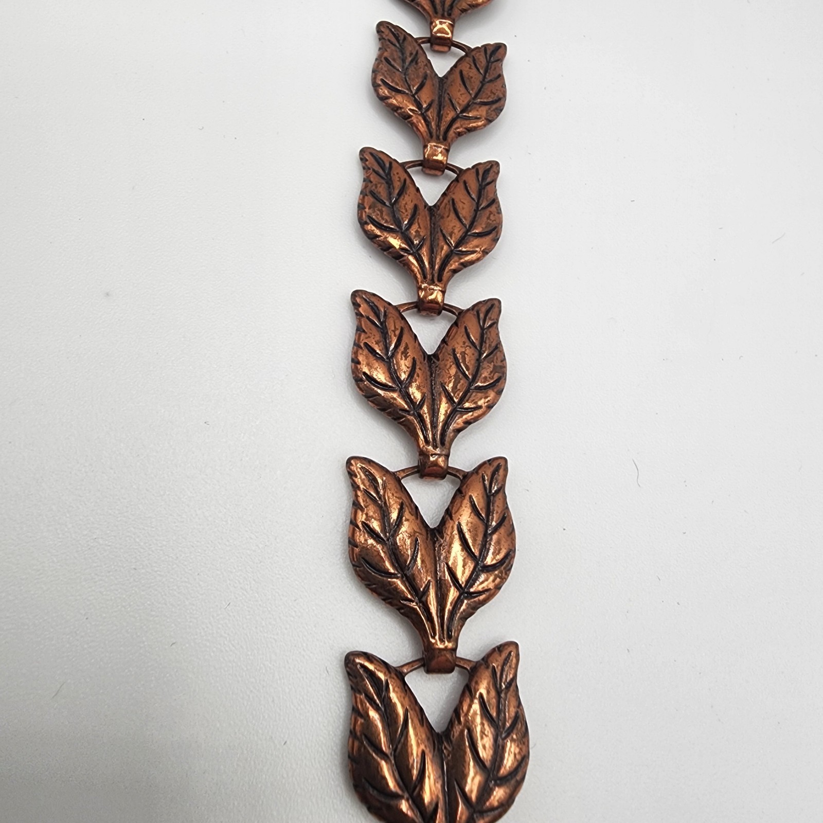 Vintage Copper Leaf Link Bracelet 8″ With Hook Clasp Design Brown Leaves Cool