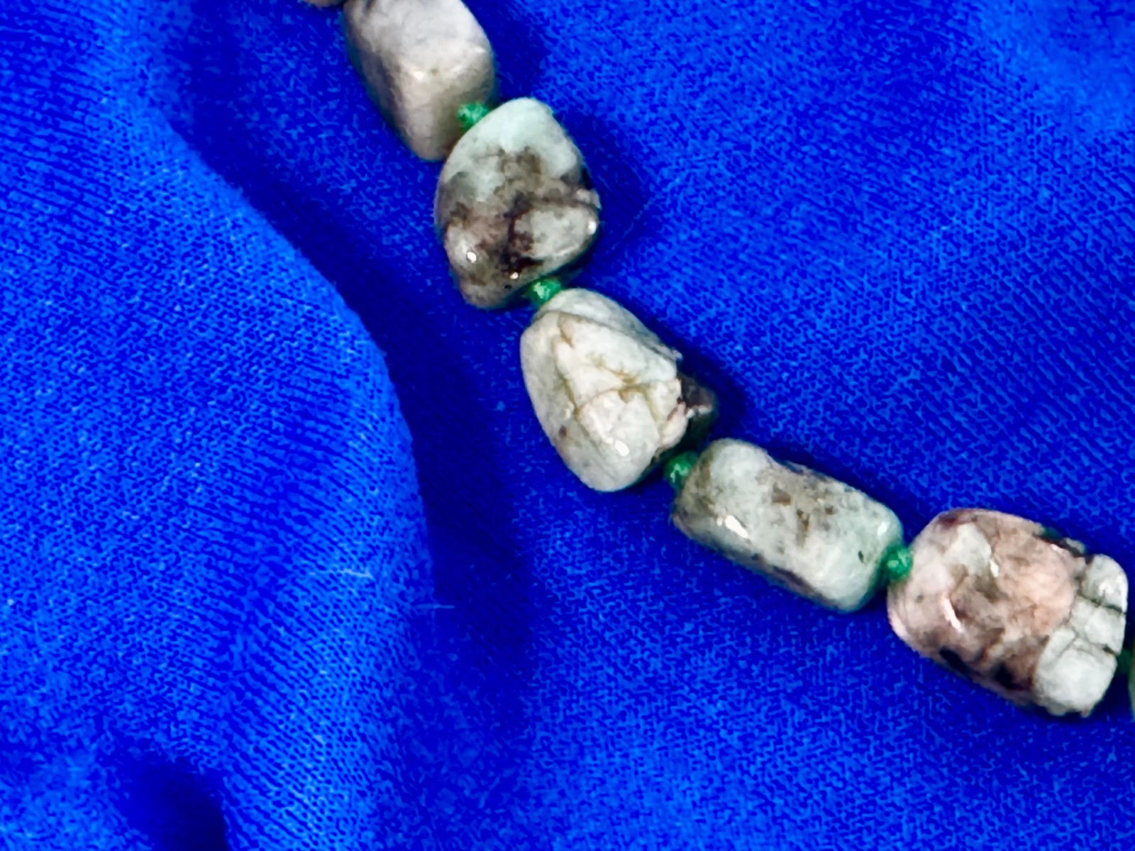 Vintage Chinese Natural Green Jade Beaded Necklace: Tumble Stone Strand 15”