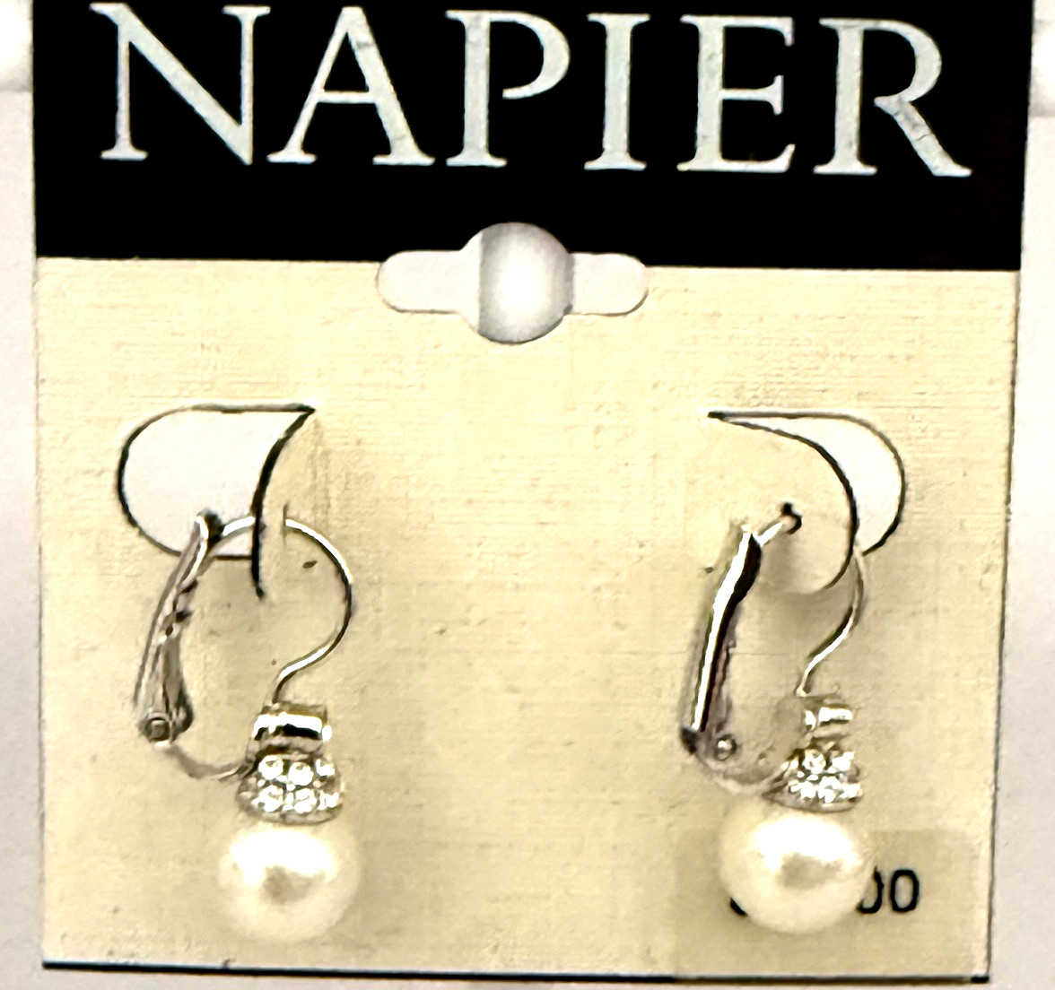 Vintage Napier .75″ Faux Pearl & Crystal Pierced Dangle Leverback Earrings