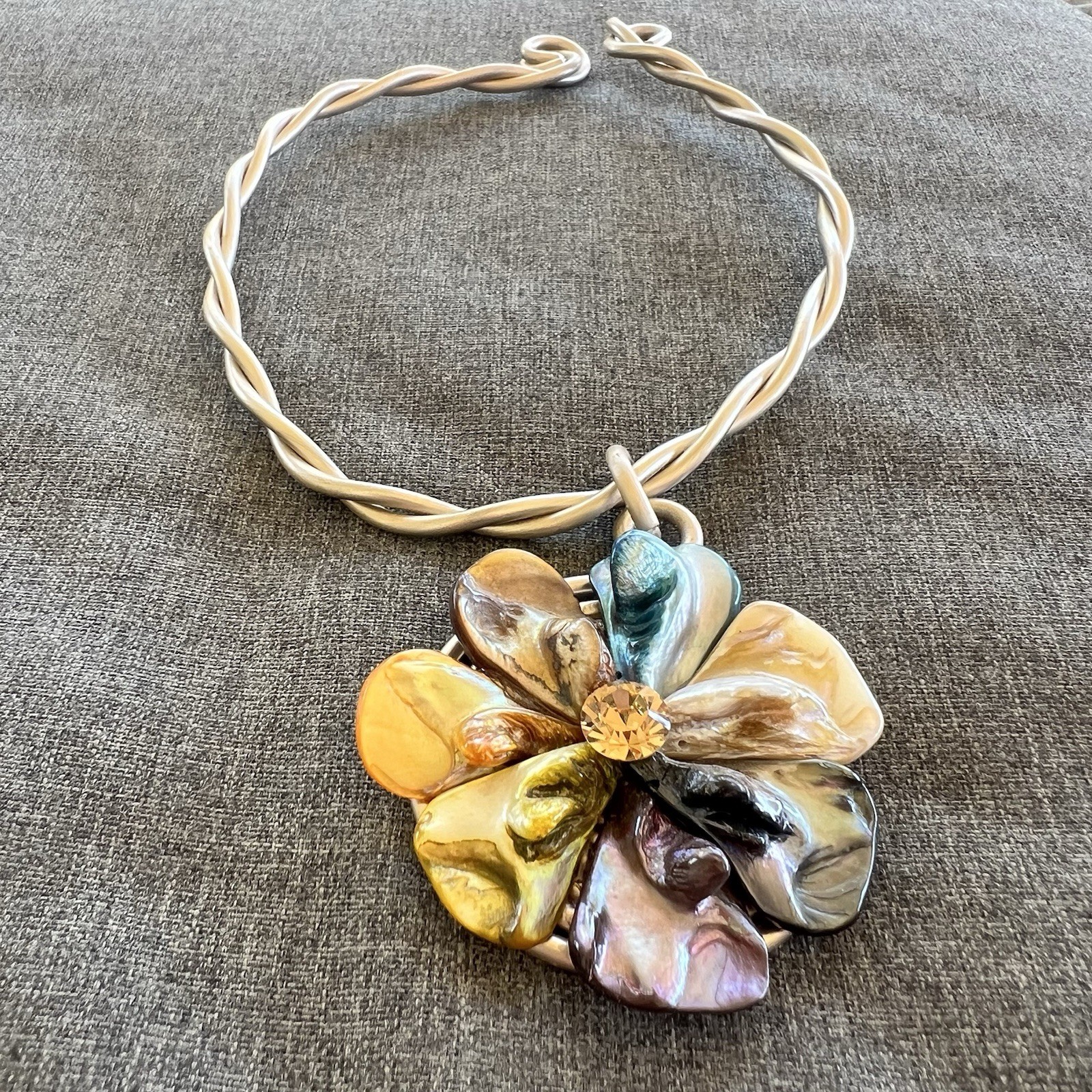Vintage Jeff Lieb Wire Choker Necklace Gold Tone Flower with Citrine Crystal