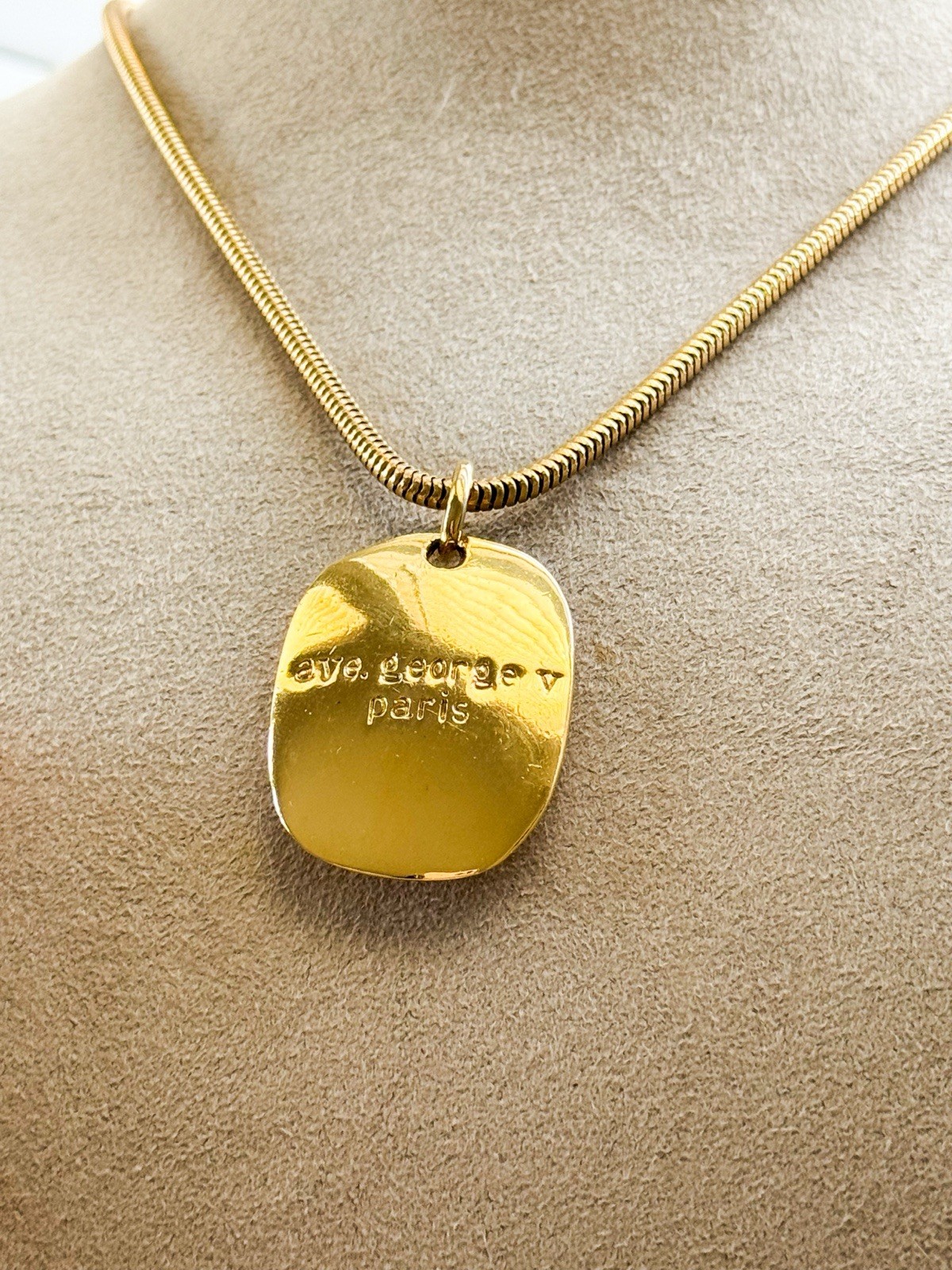 Vintage Givenchy Ave George V Paris Gold Tone Square Logo Pendant Necklace