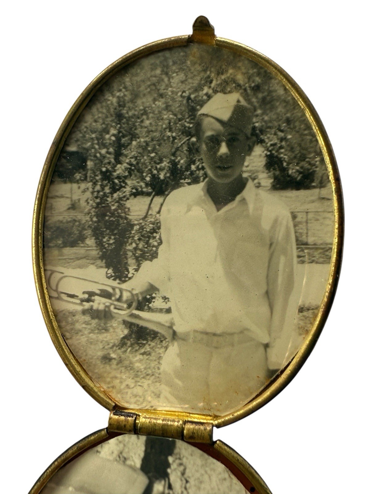 Vintage Victorian Revival Cross Black Photo Locket WWII Military Bugler Solider
