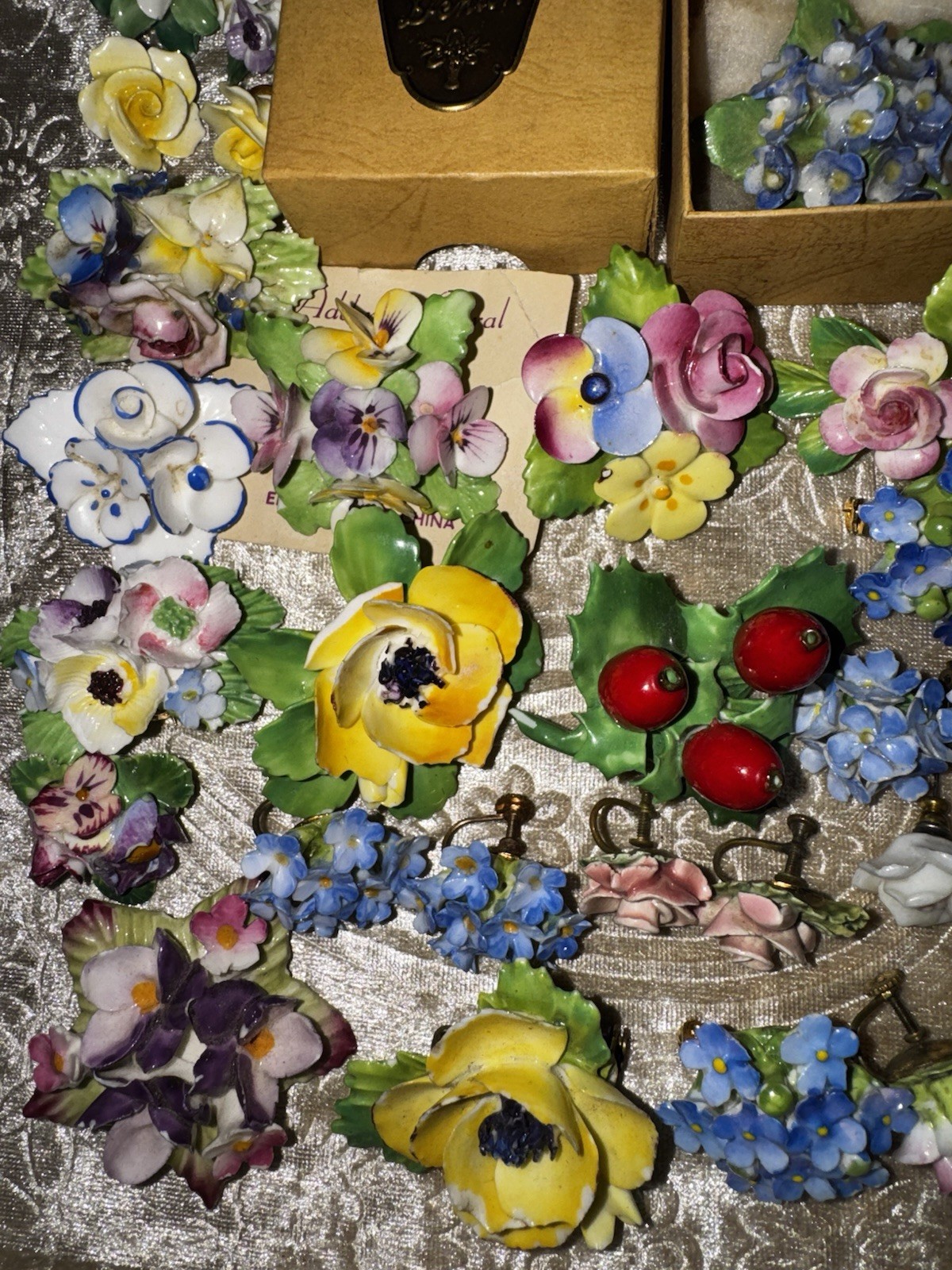 Vtg Jewelry Lot Signed English Fine Bone China Flower Art Brooch Earring Garden