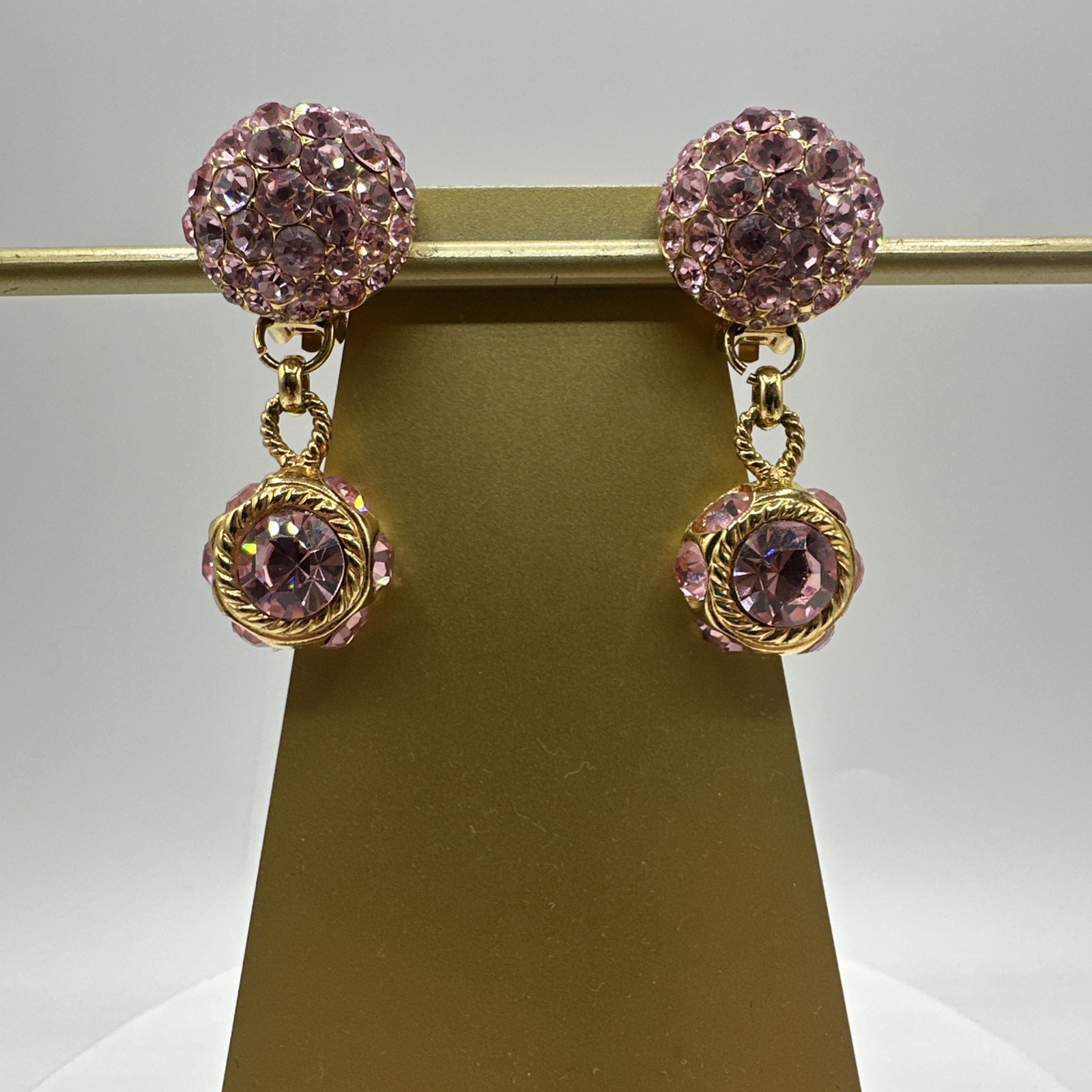 Vintage Sparkling BLANCA Clip on Pink Rhinstones Dangle Earrings. See pics.