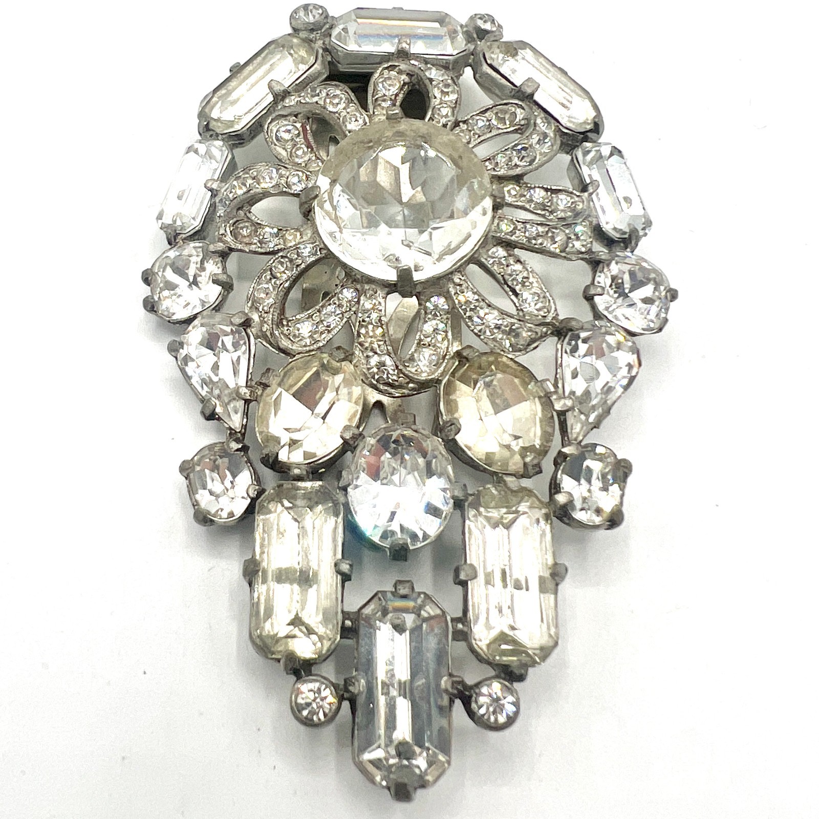 Vintage Eisenberg Original Signed Clear Rhinestone Dress Clip Art Deco Pot Metal