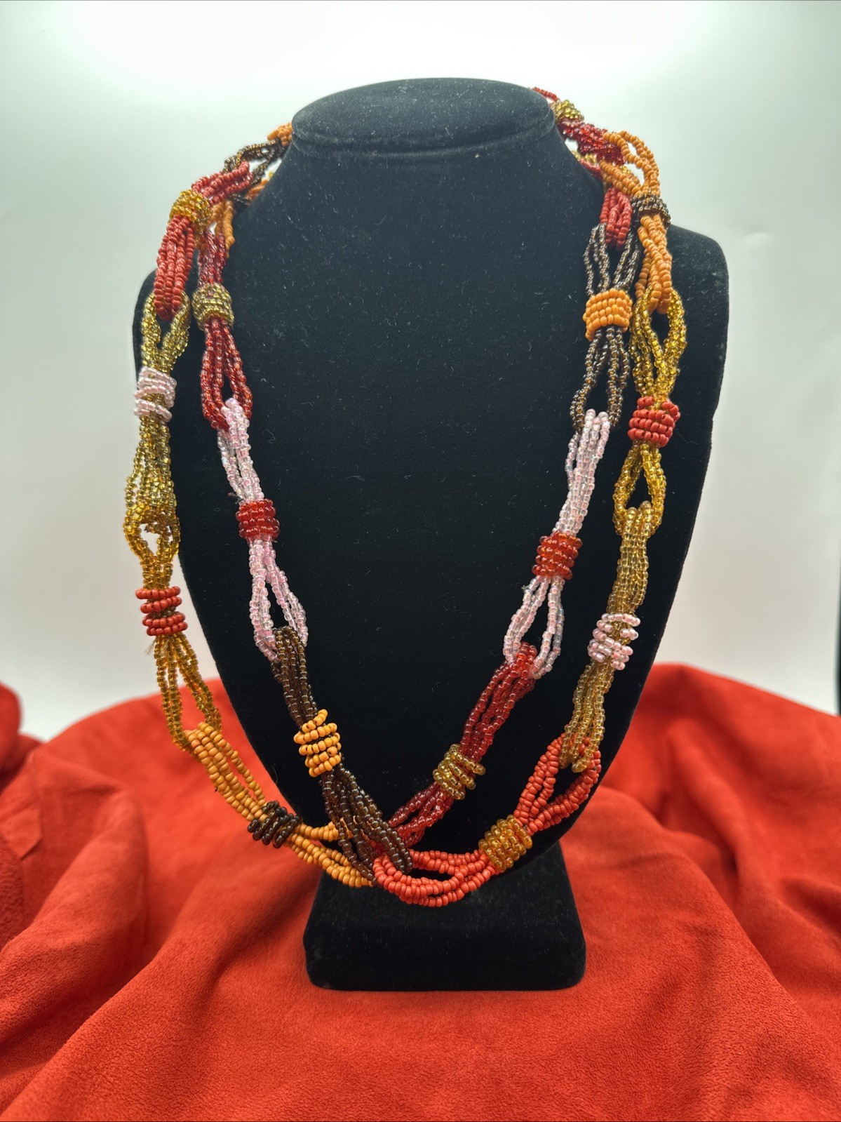 Vtg Sunset Palette Colors Hand beaded Long Necklace. See pics.