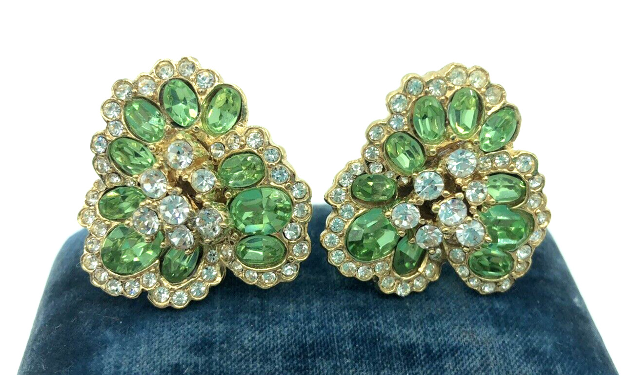 Ciner Green Crystal Leaves Clover Flower Gold Tone Clip Earrings Huge Runway