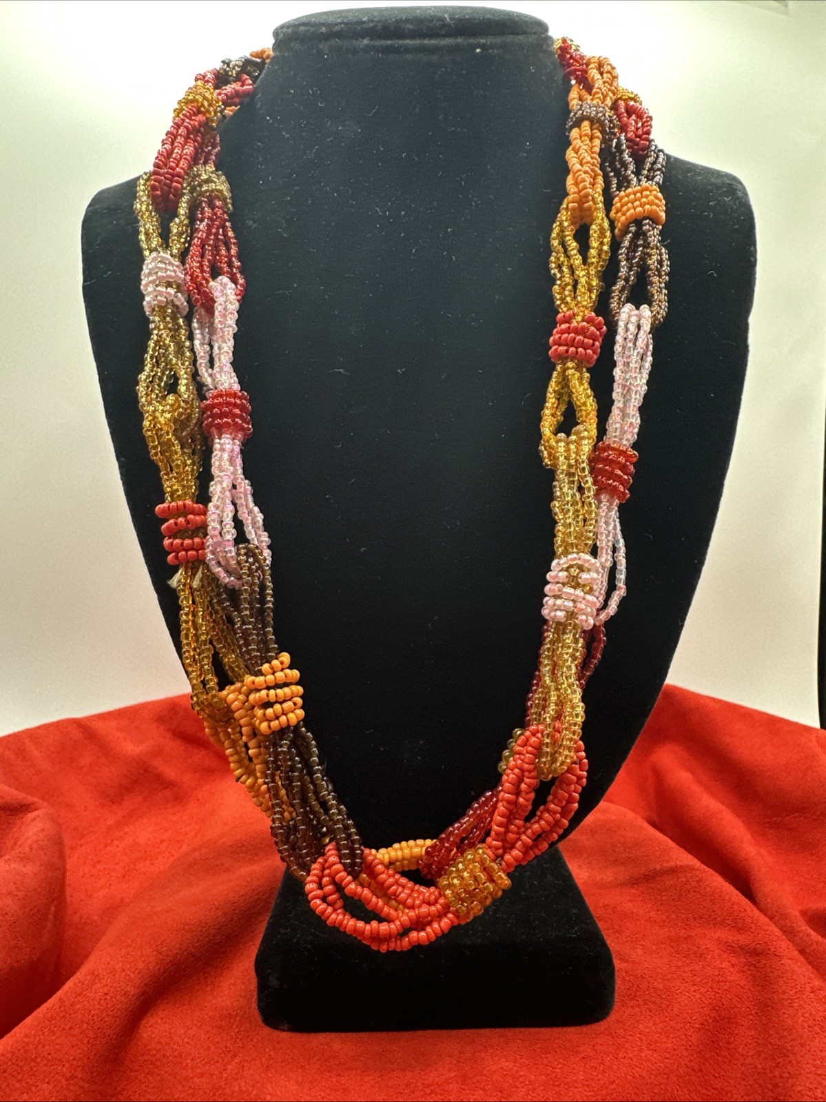 Vtg Sunset Palette Colors Hand beaded Long Necklace. See pics.