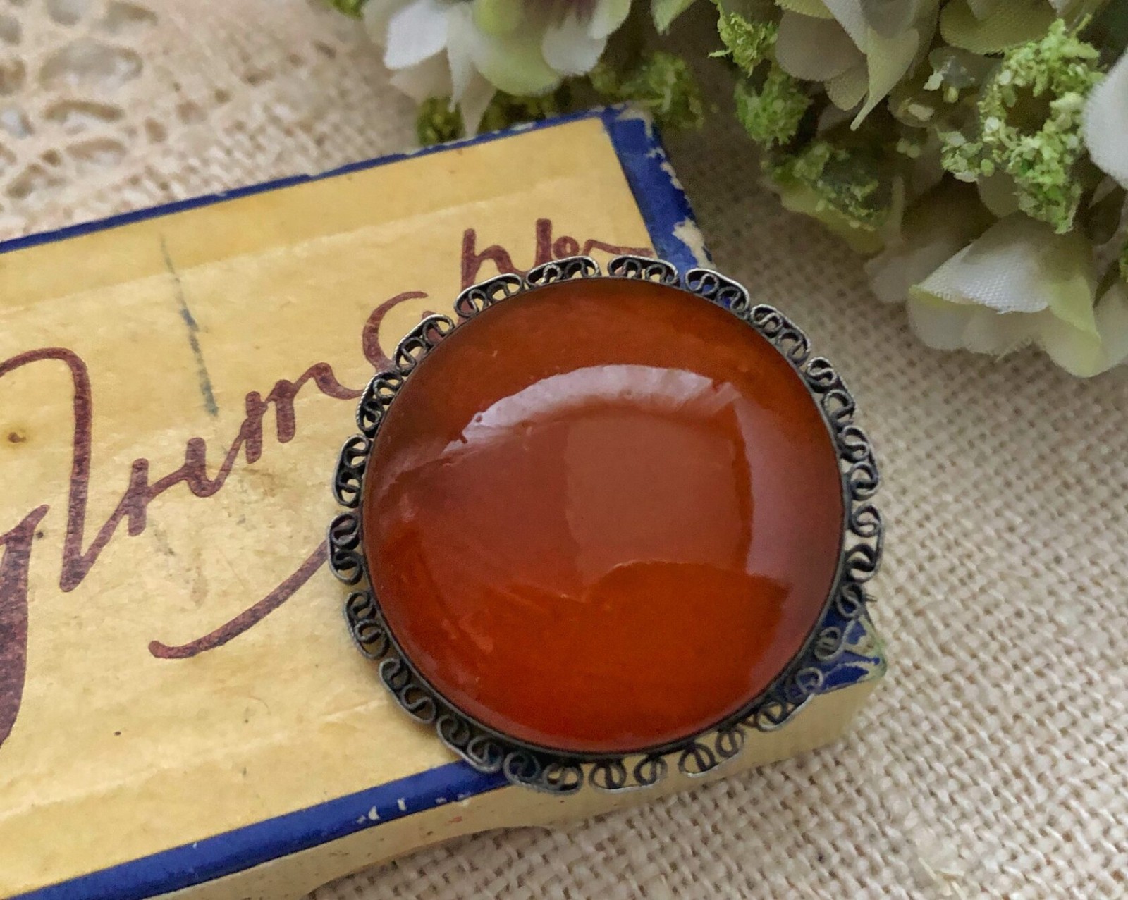 Estate Jewelry Rare Soviet Vintage Brooch Sterling Silver 875 Amber Stone USSR