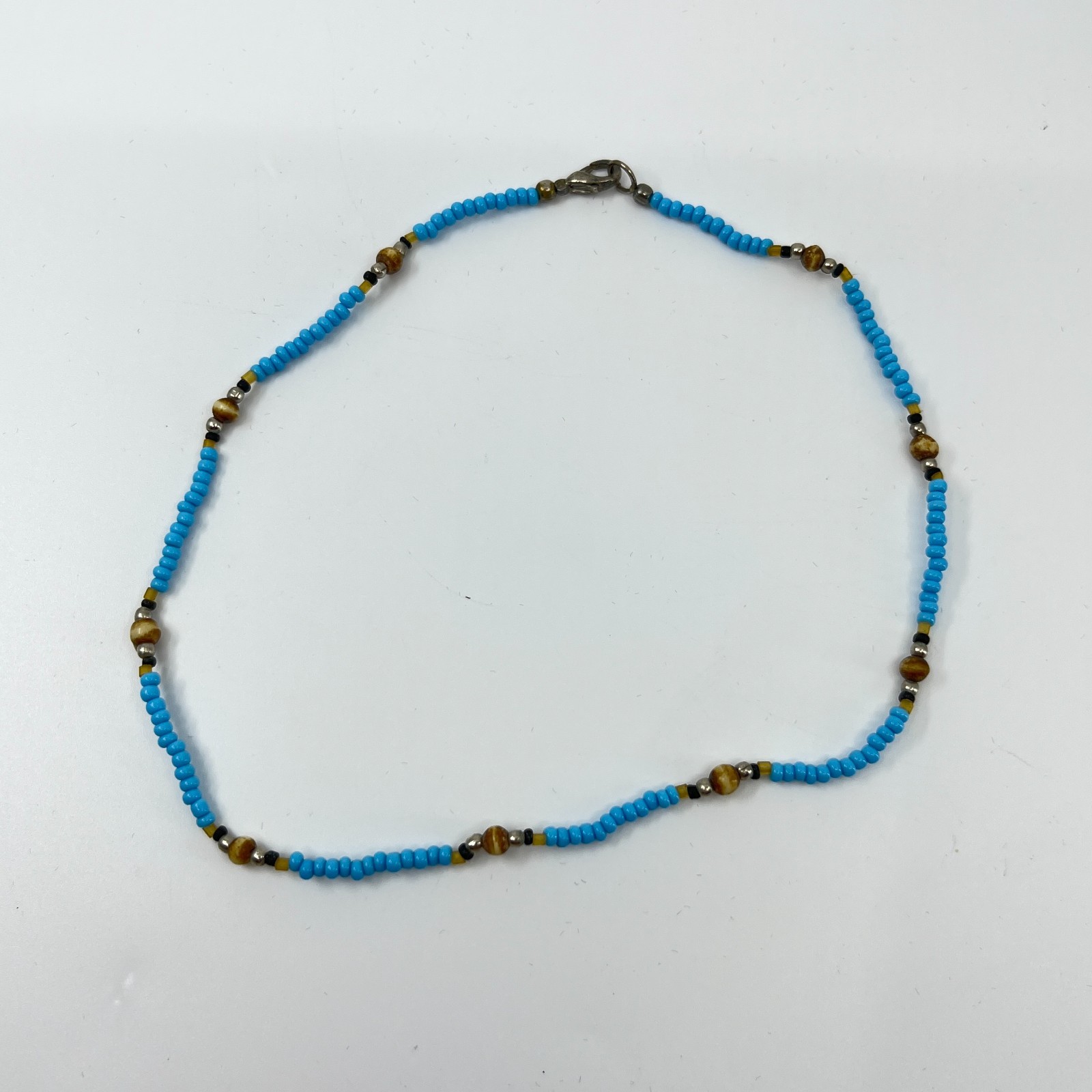 Vintage Style Blue Seed Bead & Earth Tone Accent Necklace Boho Summer Jewelry