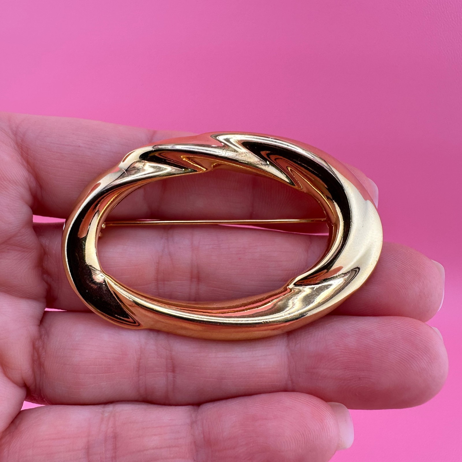 Vintage Brooch Lot Shiny Gold Tone 1990s Open Work Metal Oval Leaf Monet 1990s