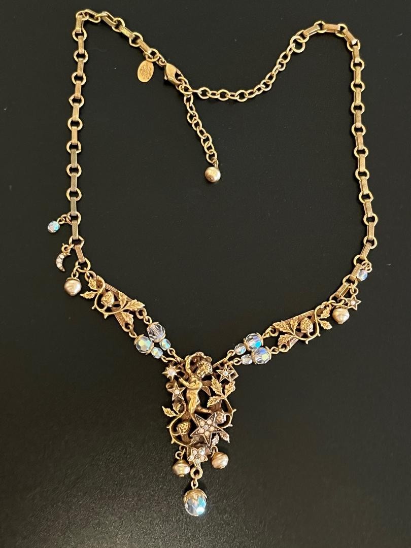 Vintage Kirks Folly Cherub Stars Crescent Moon Angel AB Crystals Necklace 16-20″