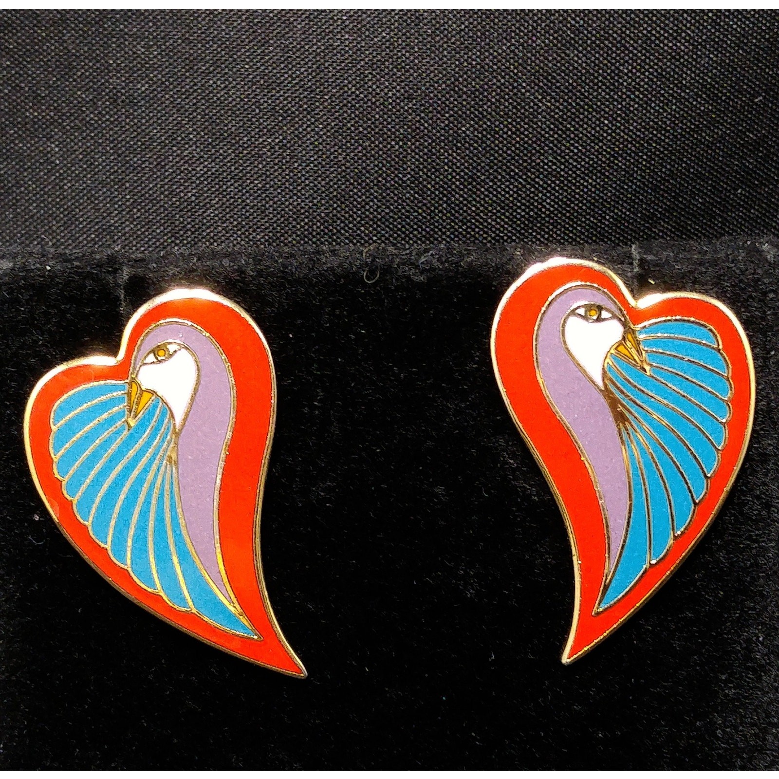 Laurel Burch “Dove Heart” Post Earrings, Gold Plated, 1980s Vintage Jewelry