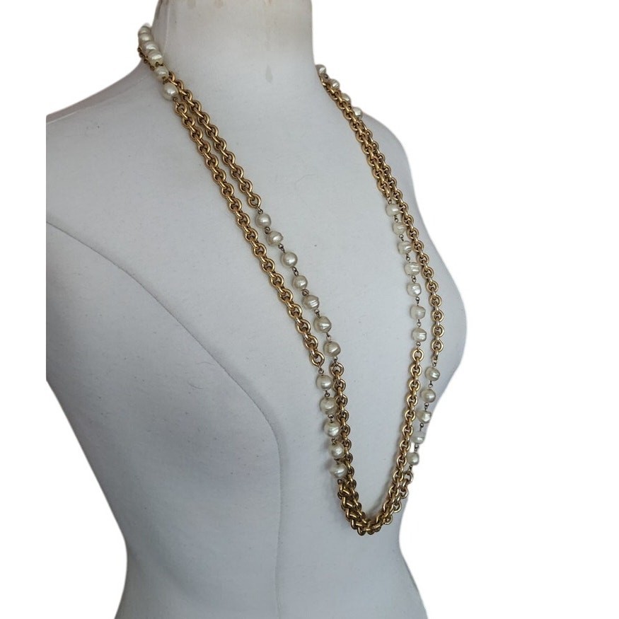 VTG Chanel 1984 Necklace Double Strand Gold Chain Pearl Documented Lagerfeld