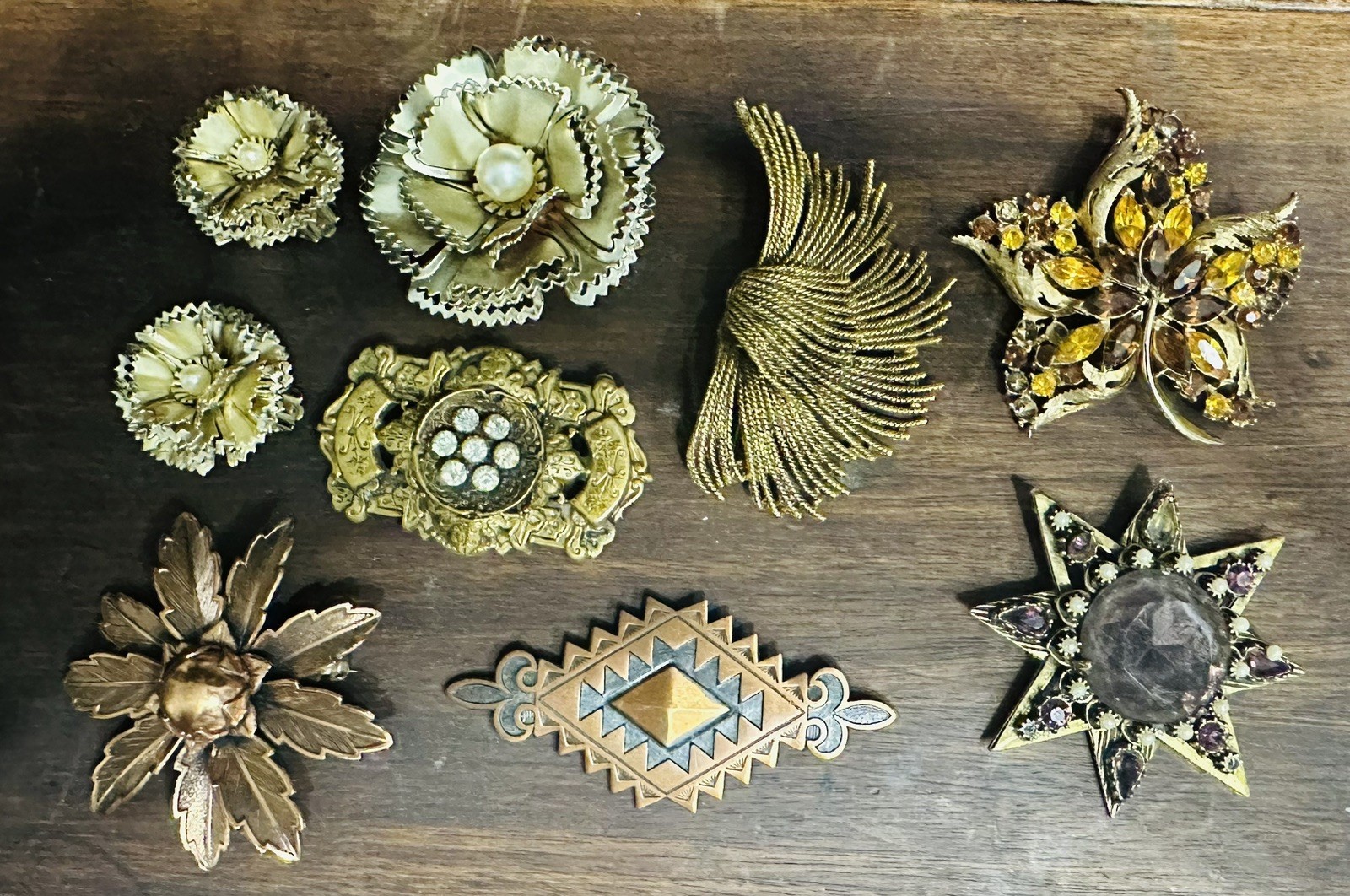 Vtg Mixed Metals Stones 7 Brooches & Pins Lot – Set Of Earrings 9 Piece Lot