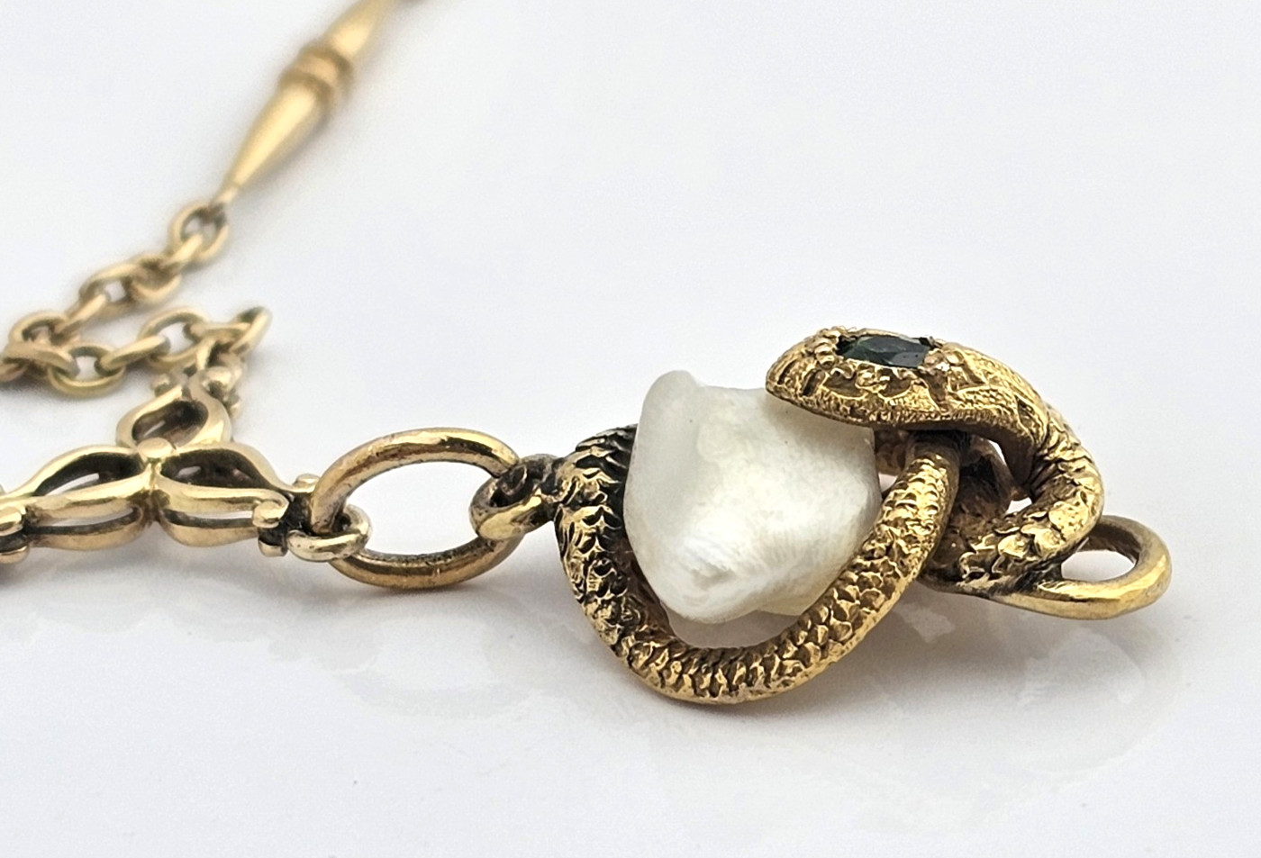 14K Gold Art Nouveau Demantoid Garnet Pearl Snake Serpent Necklace Antique 22in