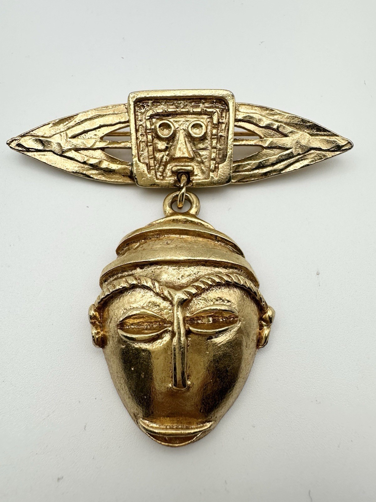 Vintage African Mask Tribal Brooch Gold Tone