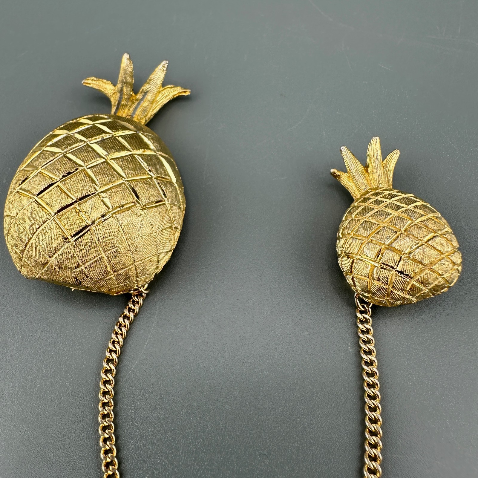 Vintage BSK Pineapple Brooch Double Pin Gold Tone Figural Connected 5″ Chain