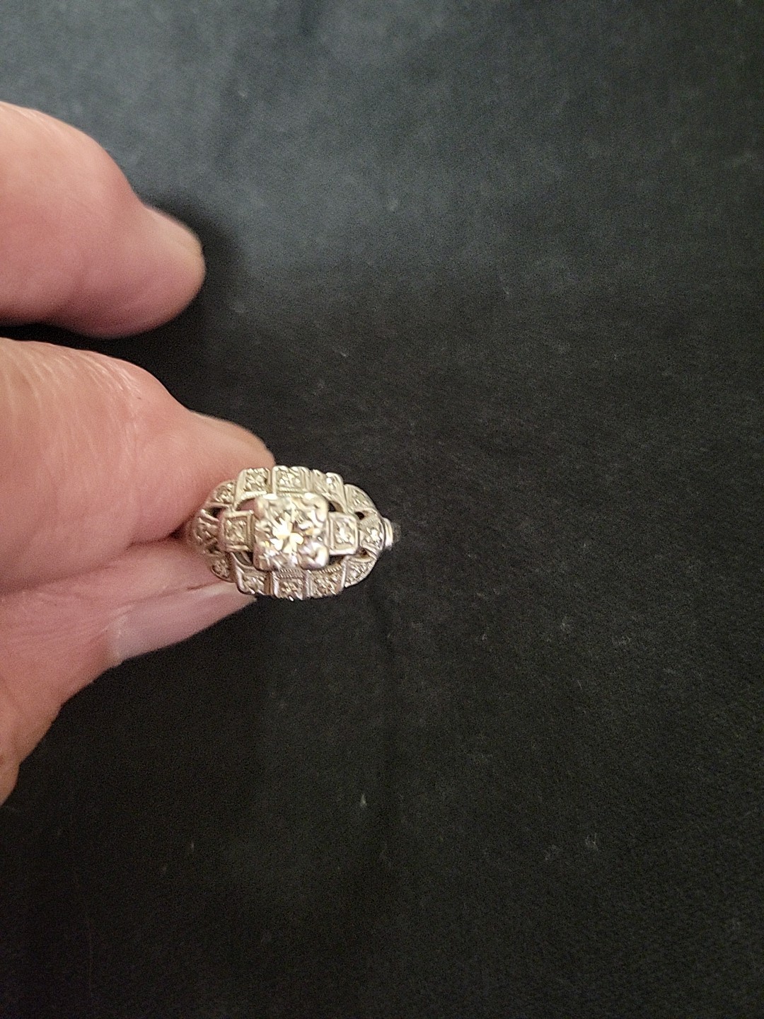 Vintage Mine Cut Diamond Ring 14K White Gold Art Deco Period