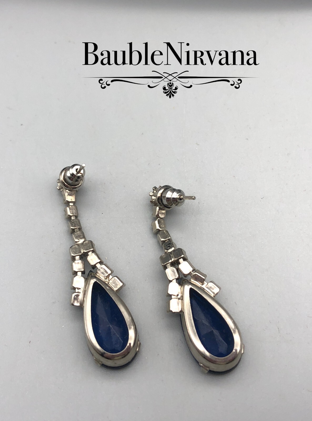 Vintage Prong Set Rhinestones&Teardrop Dark Sapphire Blue Glass Dangle Earrings