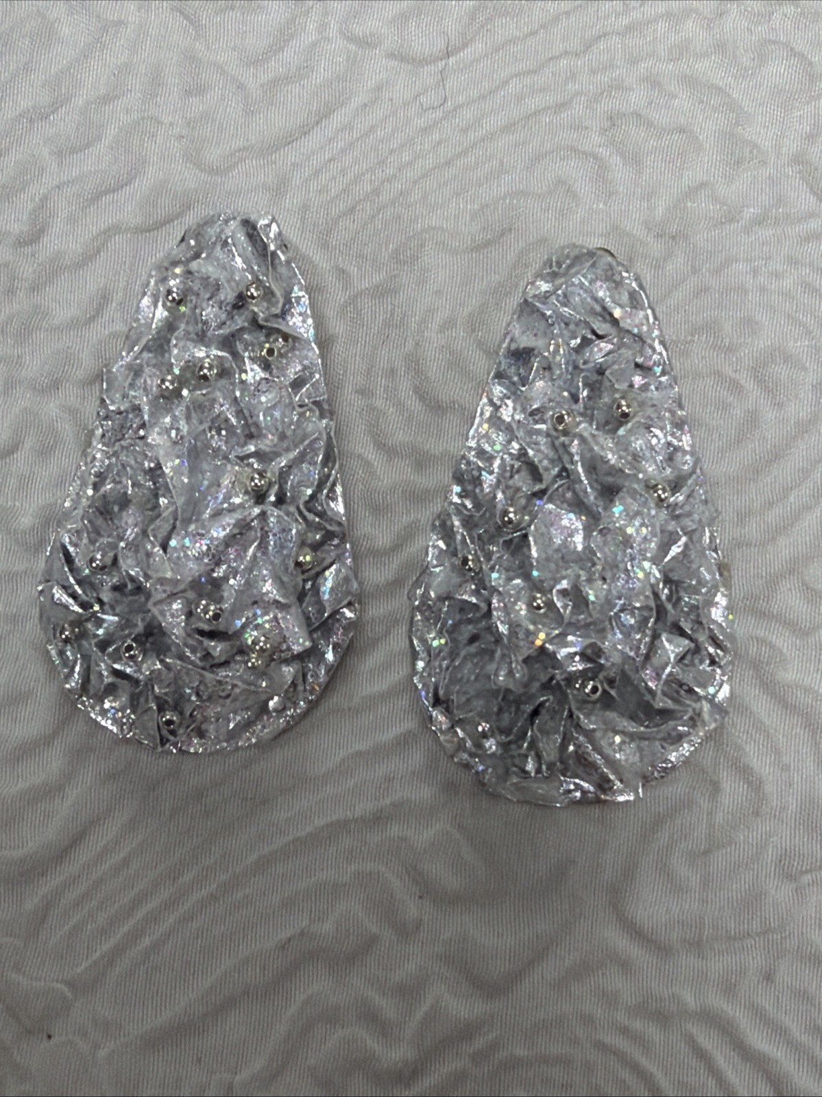 Vintage Artisan Crinkled Metallic Surface Elongated Teardrop Clip on 2”Earrings
