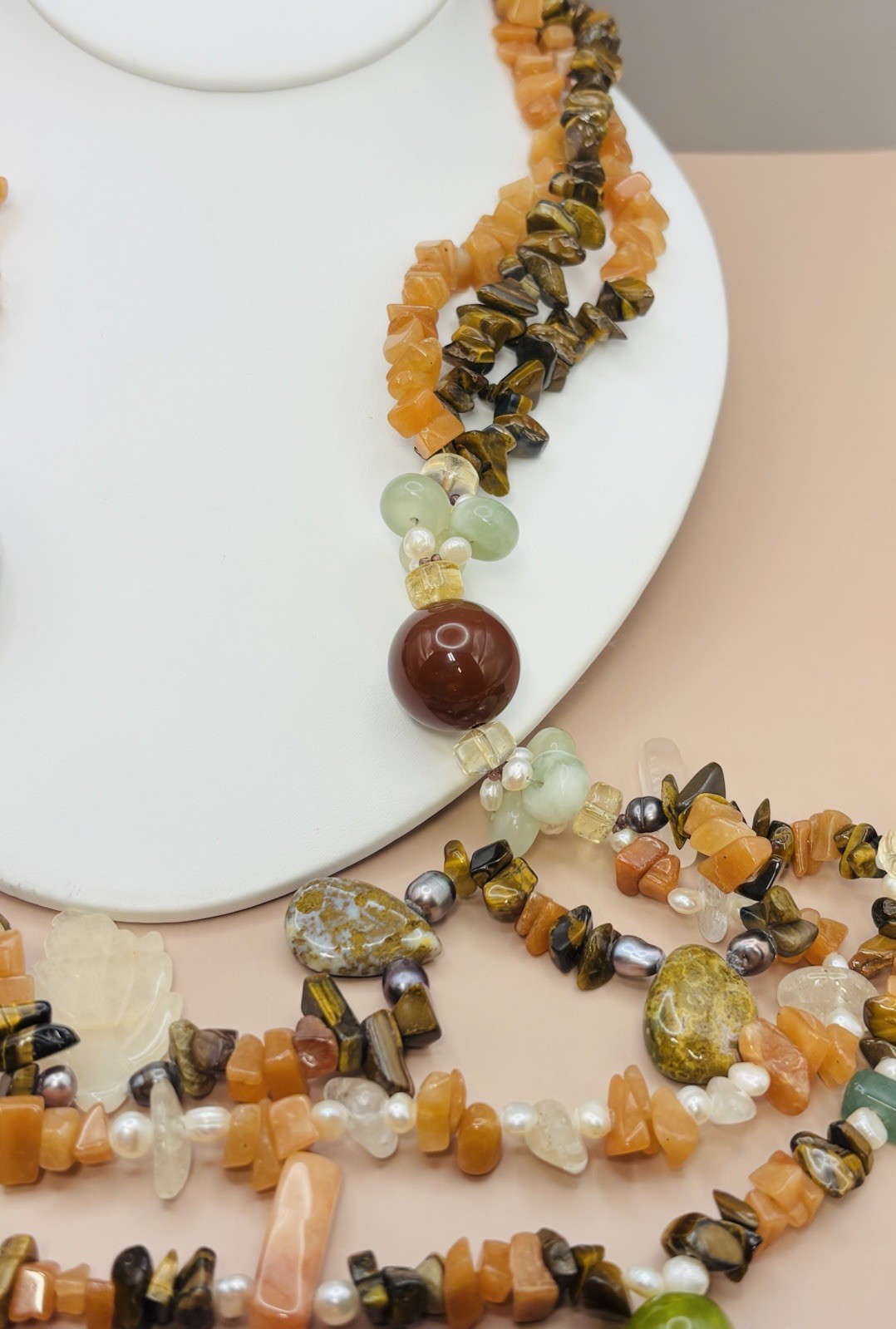 Vintage Natural Gemstone Multi Strand Boho Tigers Eye Carnelian Pearl 28”