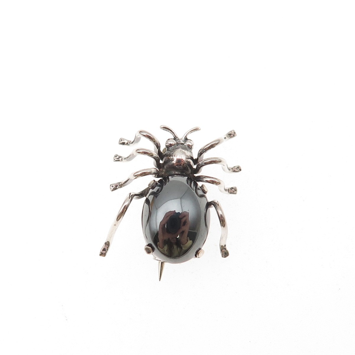 835 Silver Antique Art Deco Real Hematite Spider Oxidized 3D Mini Pin Brooch