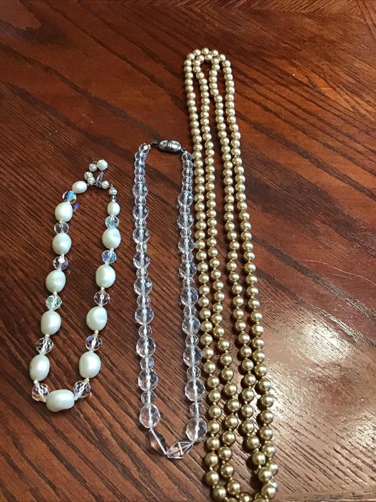 Vintage Lot Of 3 Faceted Crystal ,Aura Borealis, And Faux Pearls