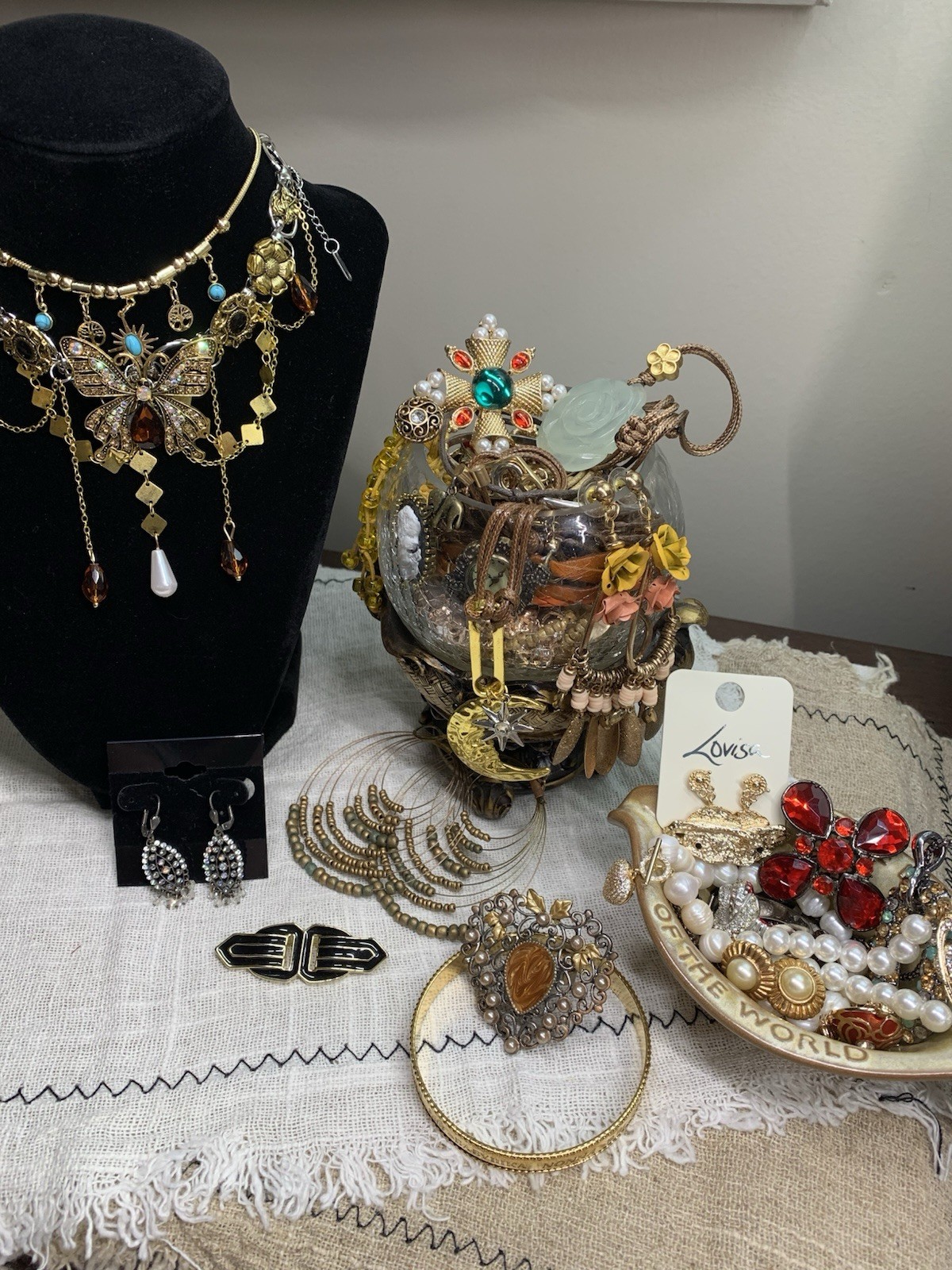 VTG Curated Mystery Costume Jewelry Jar Gold Tone Pastels Pearls Cameo WOW
