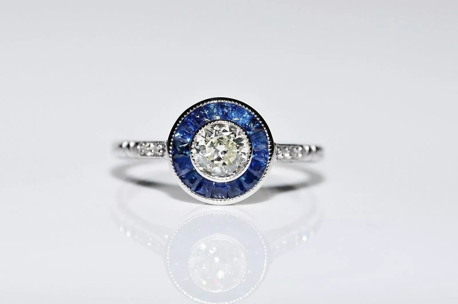 Art Deco Style Old Cut Lab Created Diamond & Sapphire Engagement 925 Silver Ring