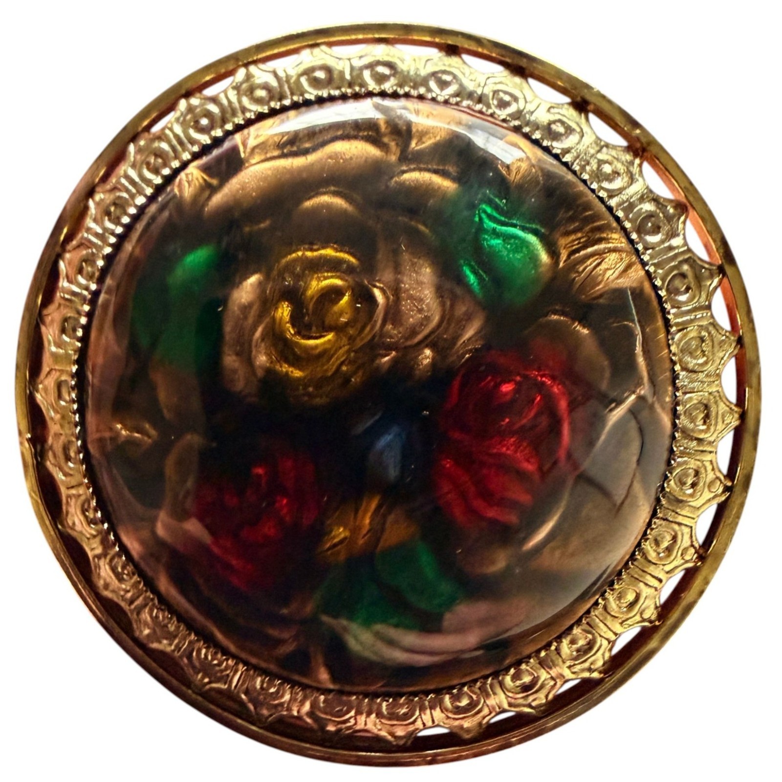 Vintage Reverse Carved Lucite Brooch Gold Tone Floral Pin 1950s New Old Stock