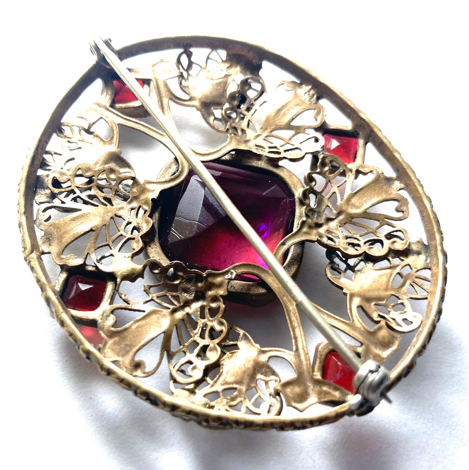 Large Antique Czech Art Deco Red Blue Dragons Breath Art Glass Brass Brooch Pin