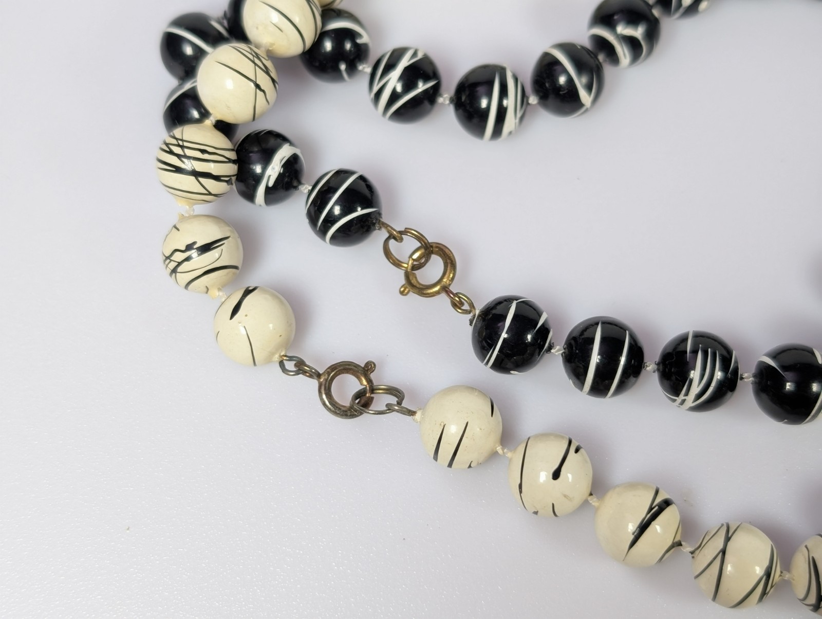 Vtg Black and White Paint Splatter Long Beaded Necklace LOT 54″ each