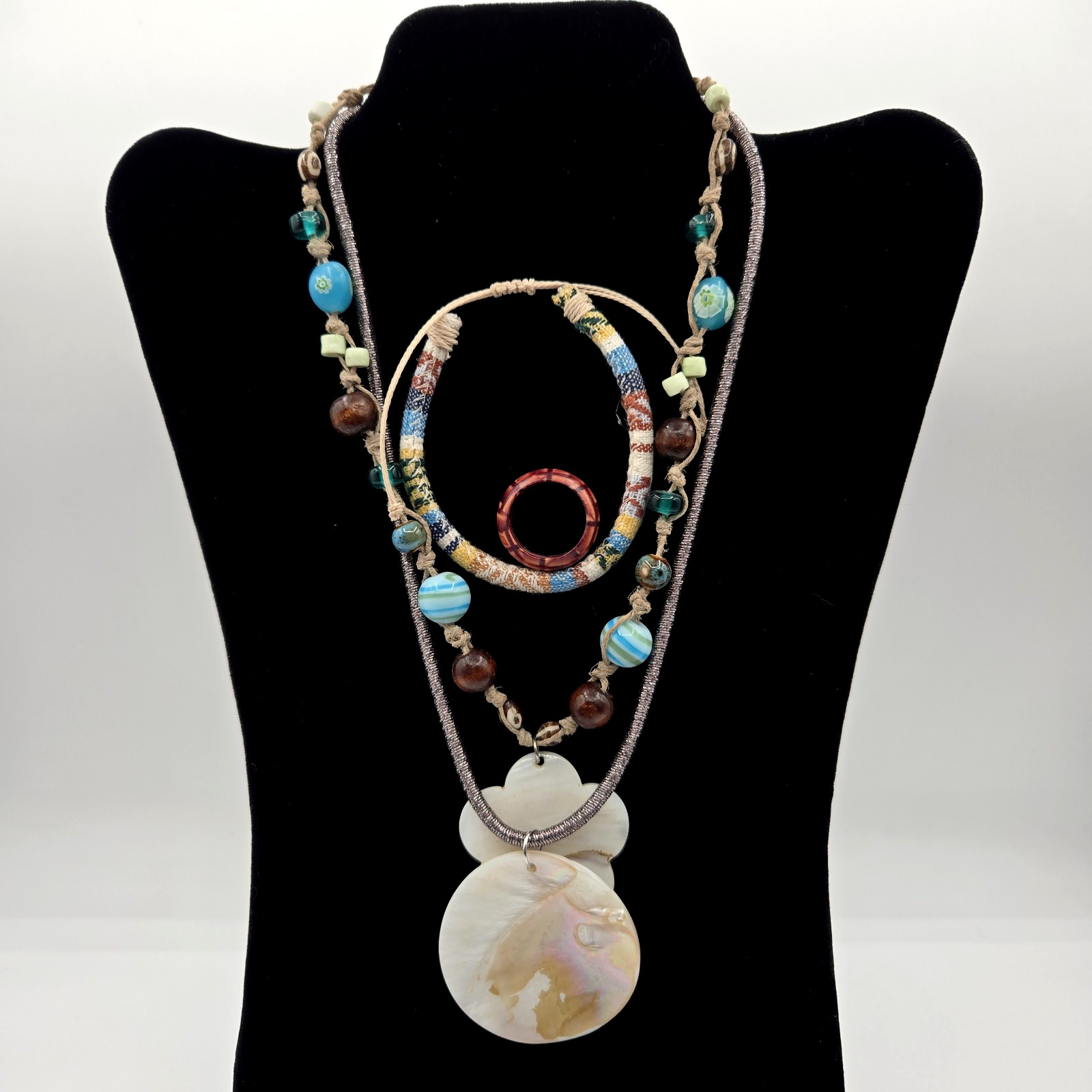 2 Necklaces Abalone Shell Pendant Glass Beaded Necklace Cloth Bracelet Wood Ring