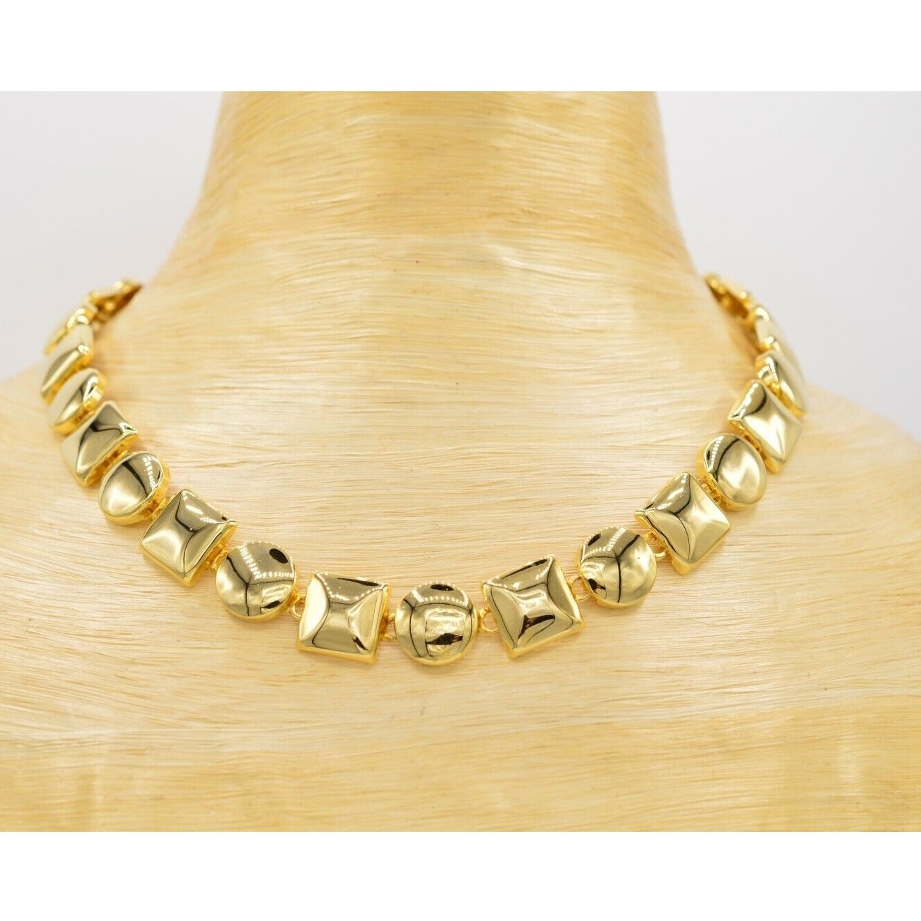 Vintage Chunky Geometric Collar Statement Necklace Shiny Gold Linked 1980s BinN